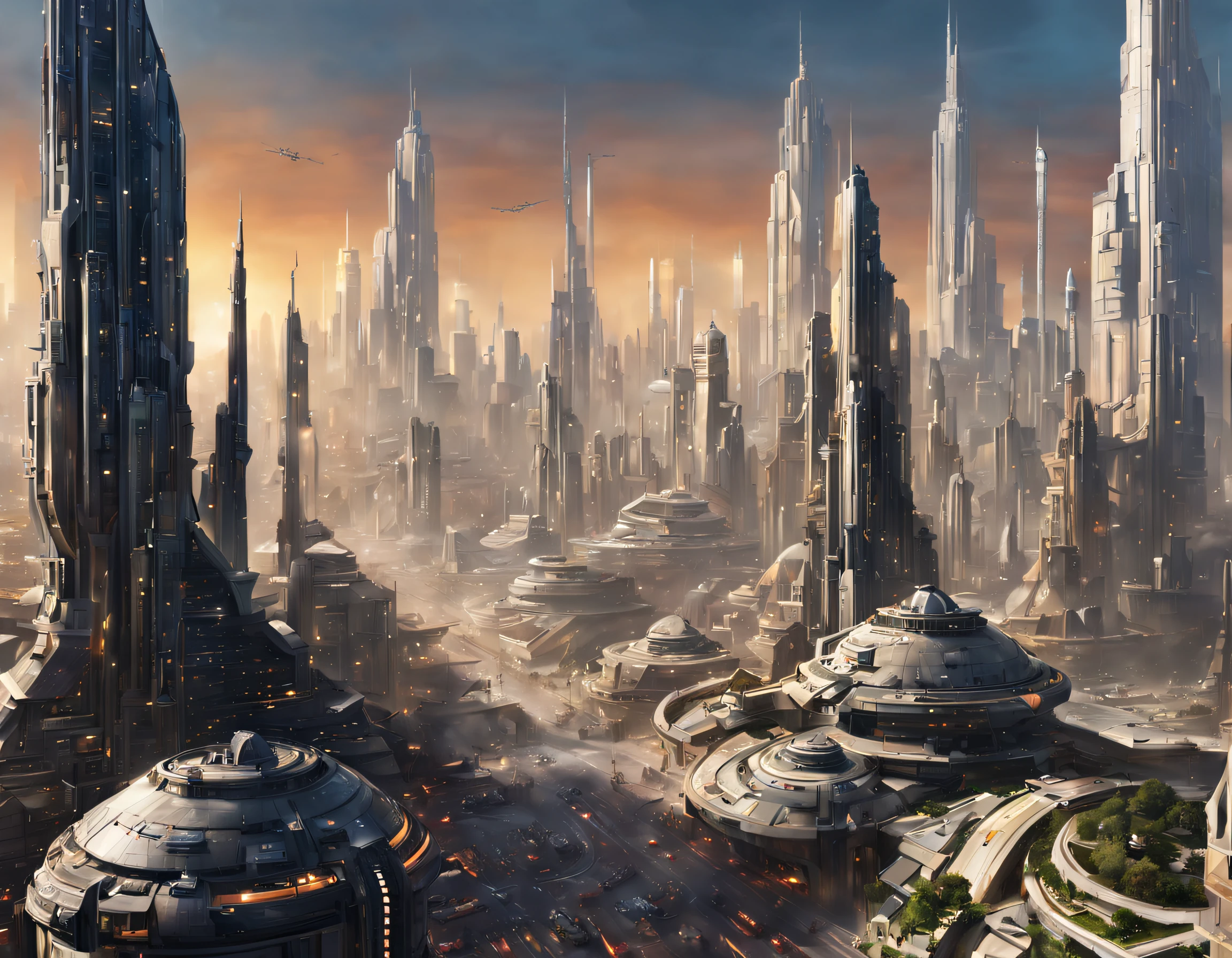 ((The city of Coruscant from Star Wars as designed by Doug Chiang)), futuristic fantasy city with immense buildings of technological design (que forman una avenida infinita), edificios compactor no difuminados, con estructuras acristaladas espectaculares, (con colores vivos y vibrantes). pavimento ensolado (sin brillo). gente paseando. imagen bien definida con muchos edificios juntos. imagen nitida bien definida 8k. los edificios llegan alta el fondo.,8k. imagen cinematografica.