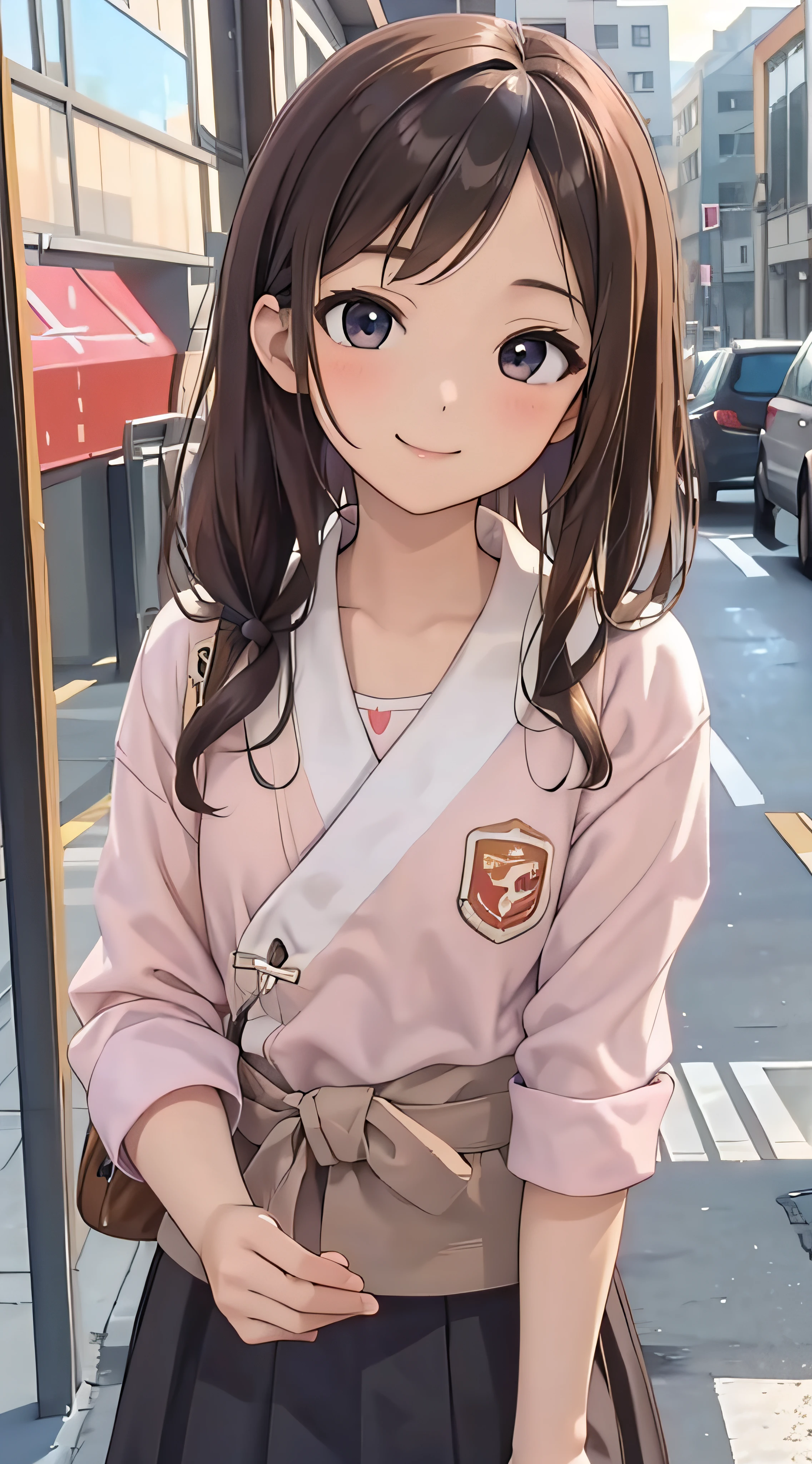 18year old、a smile、brown haired、beautidful eyes、real looking skin、hi-school girl、Bright illustration、small tits、(8K、masterpiece)、(reallistic、Photorealsitic)、top-quality、ighly detailed、The ultra-detailliert、Beautie、cute little、japanes、Idol