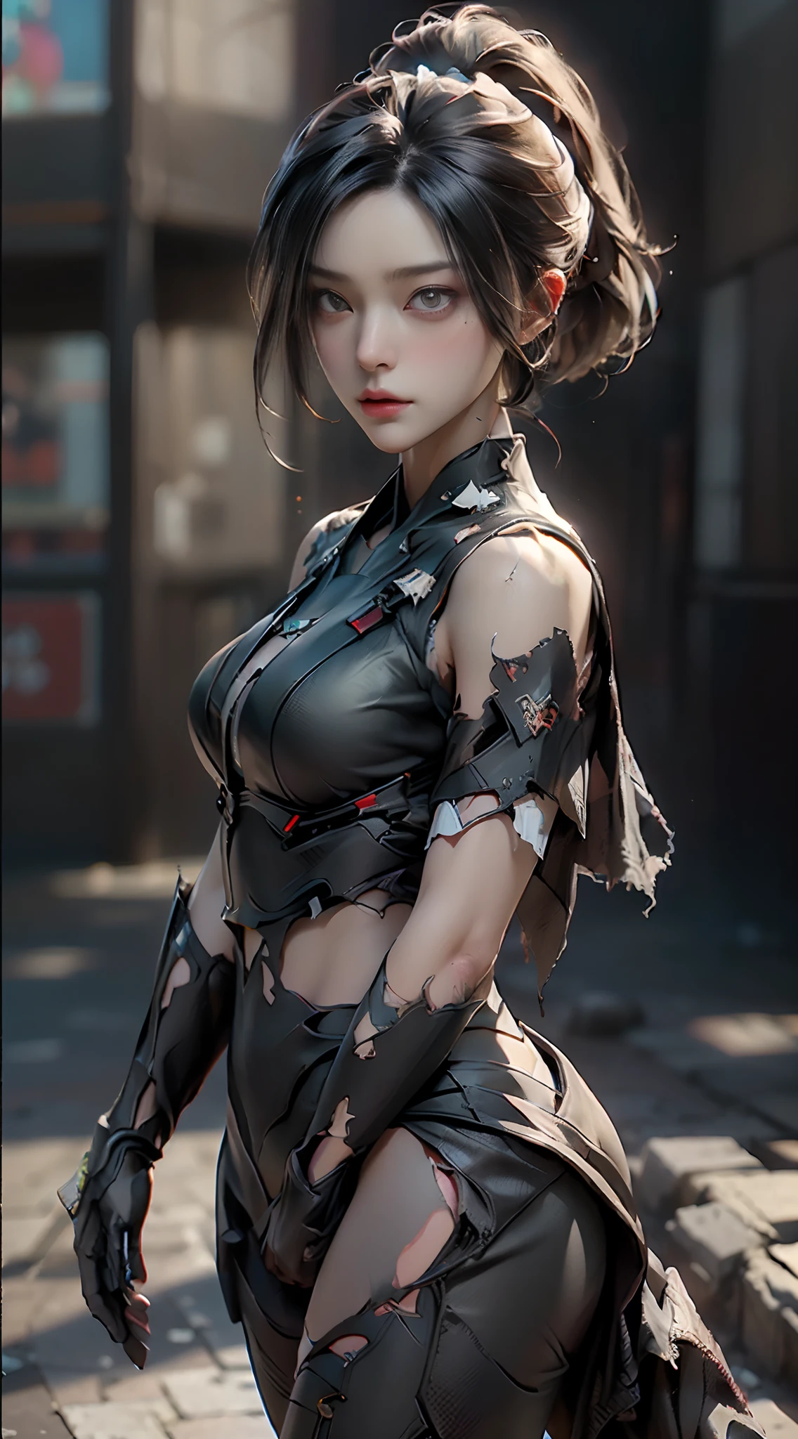 ((top-quality)), ((masterpiece)), (detaileds:1.4), 3D, Beautiful Cyberpunk Woman Image,HDR(HighDynamicRange),Ray traching,NVIDIA RTX,Hyper-Resolution,Unreal 5,sub-surface Scattering,PBR Texturing,Postprocess,Anisotropy Filtering,depth of fields,Maximum clarity and sharpness,multi-layer texture,Albedo and specular maps,Surface Shading,Accurate simulation of light-material interactions,perfectly proportions,Octane Rendering,Two-tone lighting,Wide aperture,Low ISO、White Balance、thirds rule、8K RAW、(((place々Clothes are torn)))
