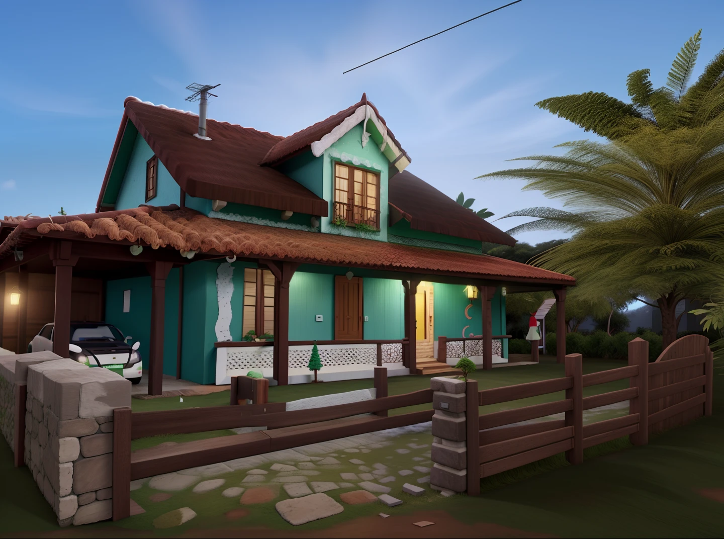 Crie uma imagem de uma casa antiga verde com enfeites de natal