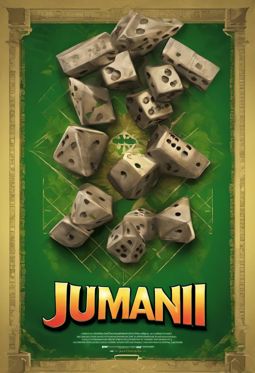 Adverisement for Jumanji with 2 dice, and green background