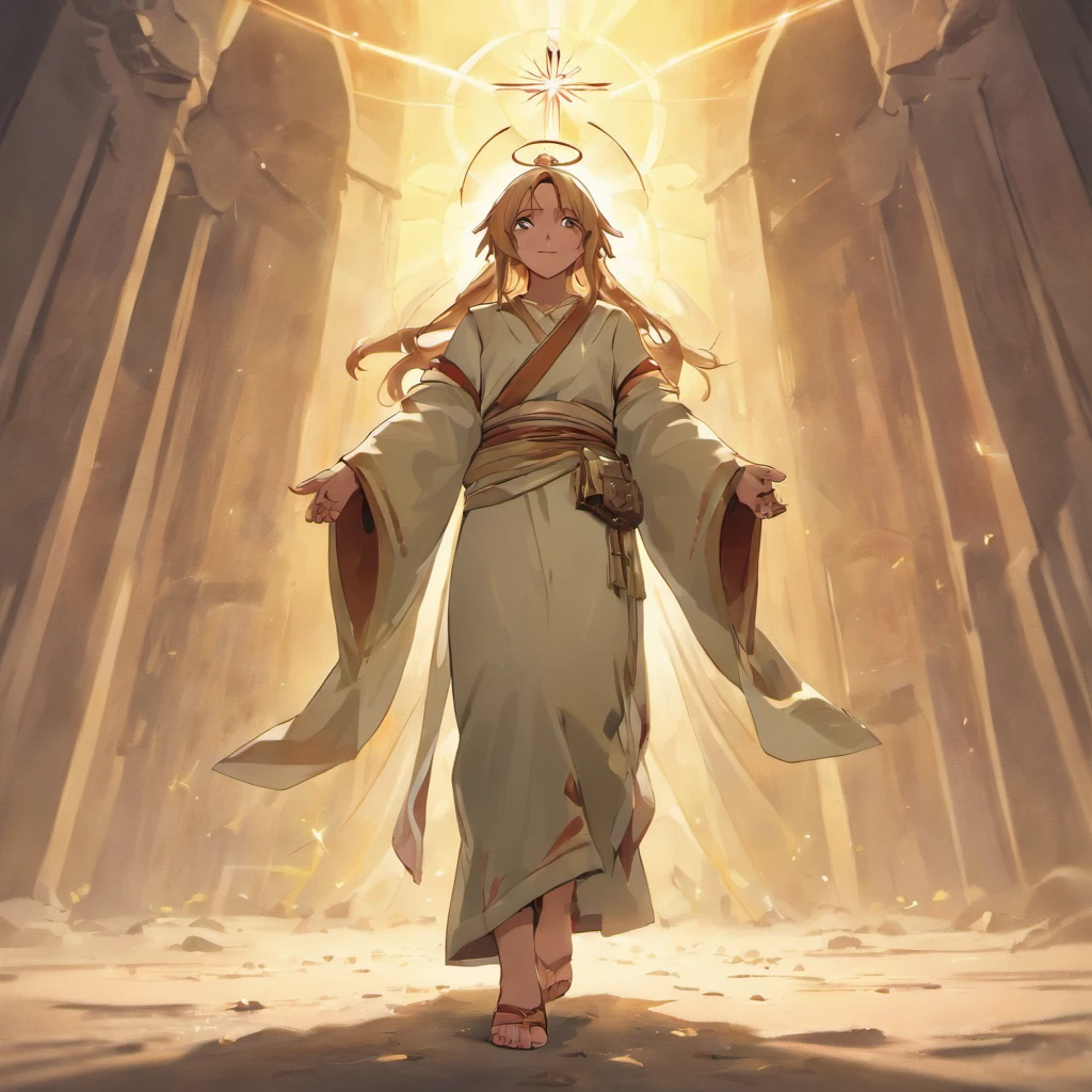 "Obra de arte digital representando Jesus passeando pelo deserto, adorned in sandals, e exalando um sorriso suave olhando para uma cruz ao longe."