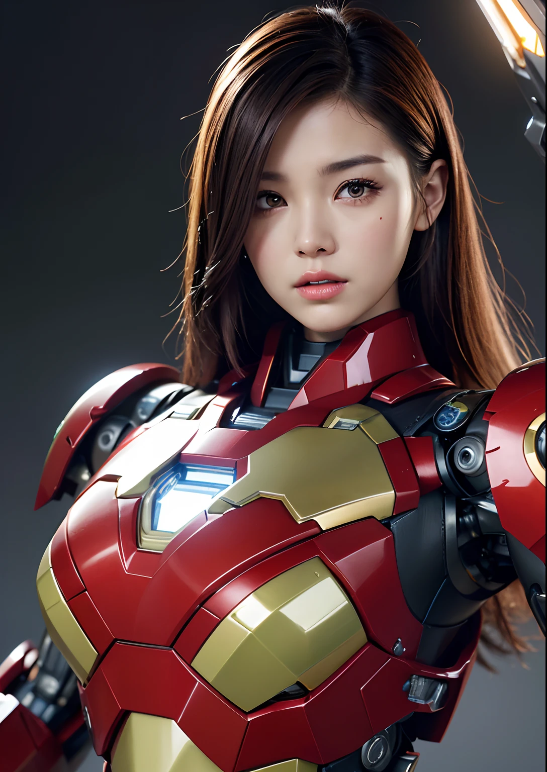 Textured skin, Super Detail, high details, High quality, Best Quality, hight resolution, 1080p, hard disk, Beautiful,(Iron Girl),beautiful cyborg woman,Mecha Cyborg Girl,Battle Mode,Girl with a Mecha Body,She wears an Iron Man mech,Fulll body Shot