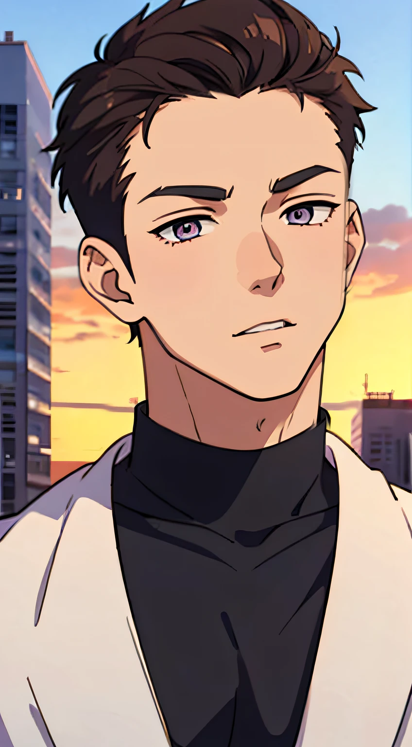 masterpiece, best quality, ultra high detailed,full-color, 1 boy, anime style, portrait shot of a handsome 19 year old male, in the city, sunset , the boy is very handsome, his face has perfect ratio, detailed face, very short hair, big beautiful yet masculine eyes, detailed eyes, he is shy, the lines are very thin, High image quality. 4K, The ultra -The high-definition,  the lines are ultra-thin