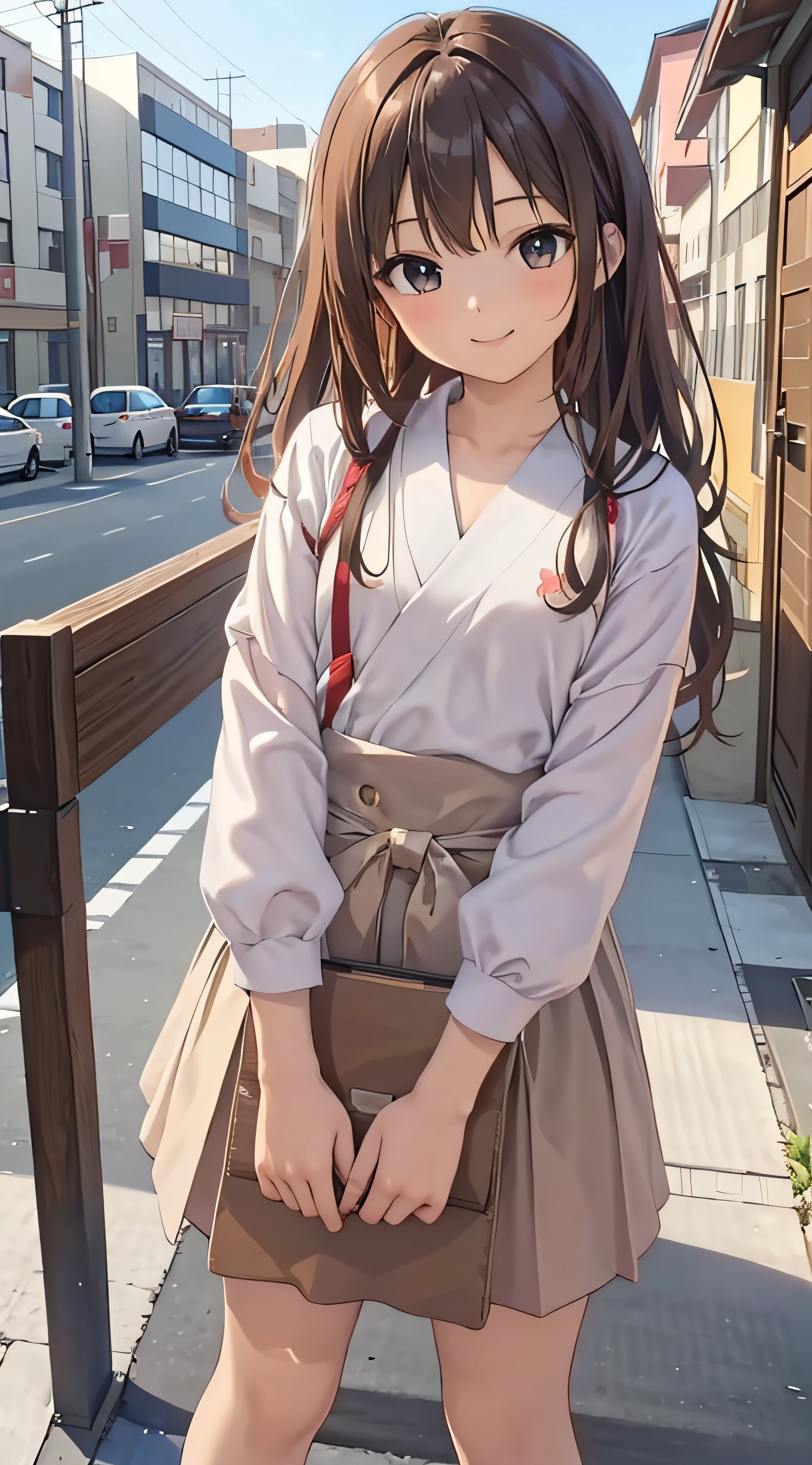 18year old、a smile、brown haired、beautidful eyes、real looking skin、hi-school girl、Bright illustration、small tits、(8K、masterpiece)、(reallistic、Photorealsitic)、top-quality、ighly detailed、The ultra-detailliert、Beautie、cute little、japanes、Idol