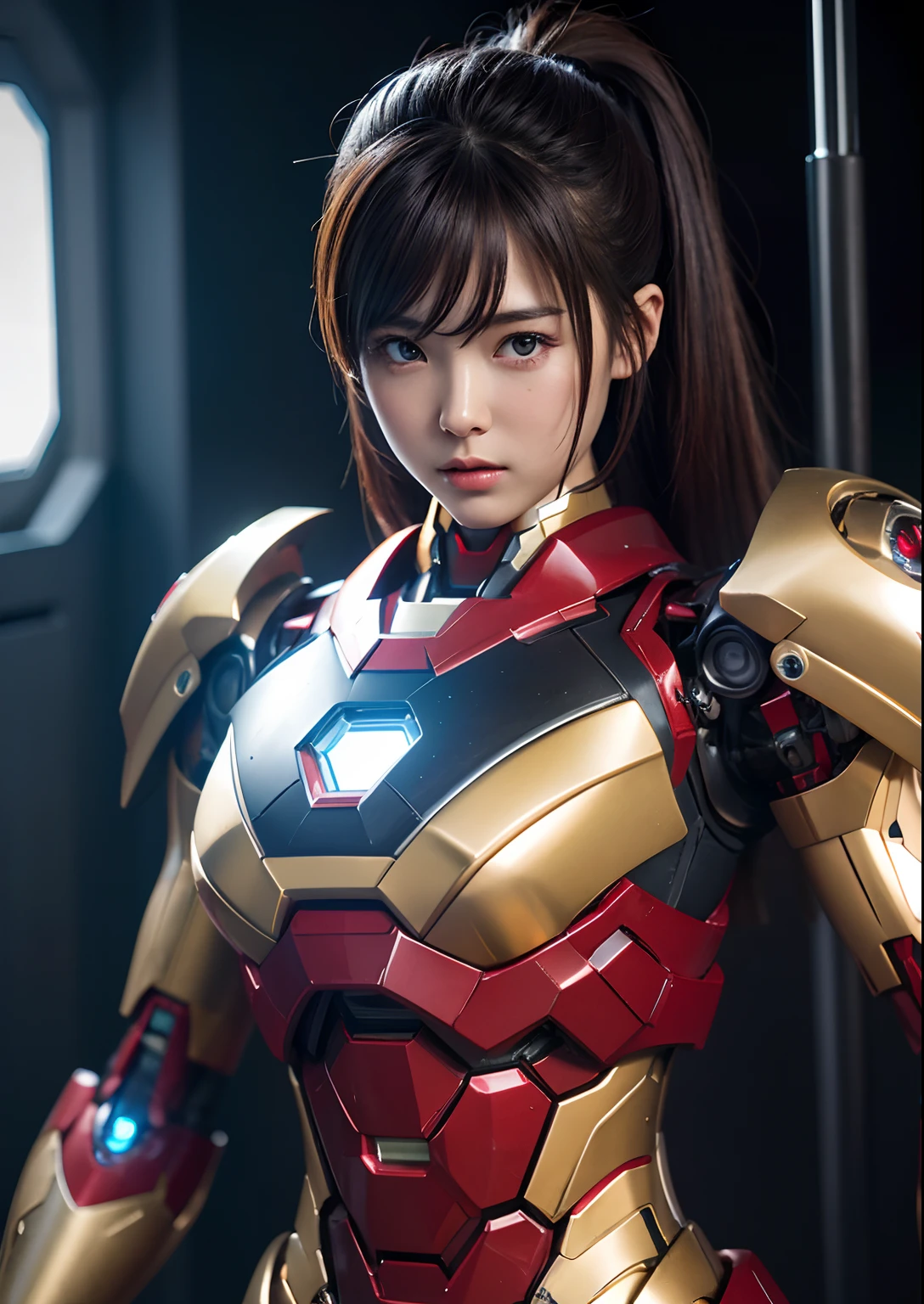 Textured skin, Super Detail, high details, High quality, Best Quality, hight resolution, 1080p, hard disk, Beautiful,(Iron Girl),beautiful cyborg woman,Mecha Cyborg Girl,Battle Mode,Girl with a Mecha Body,She wears an Iron Man mech,Fulll body Shot