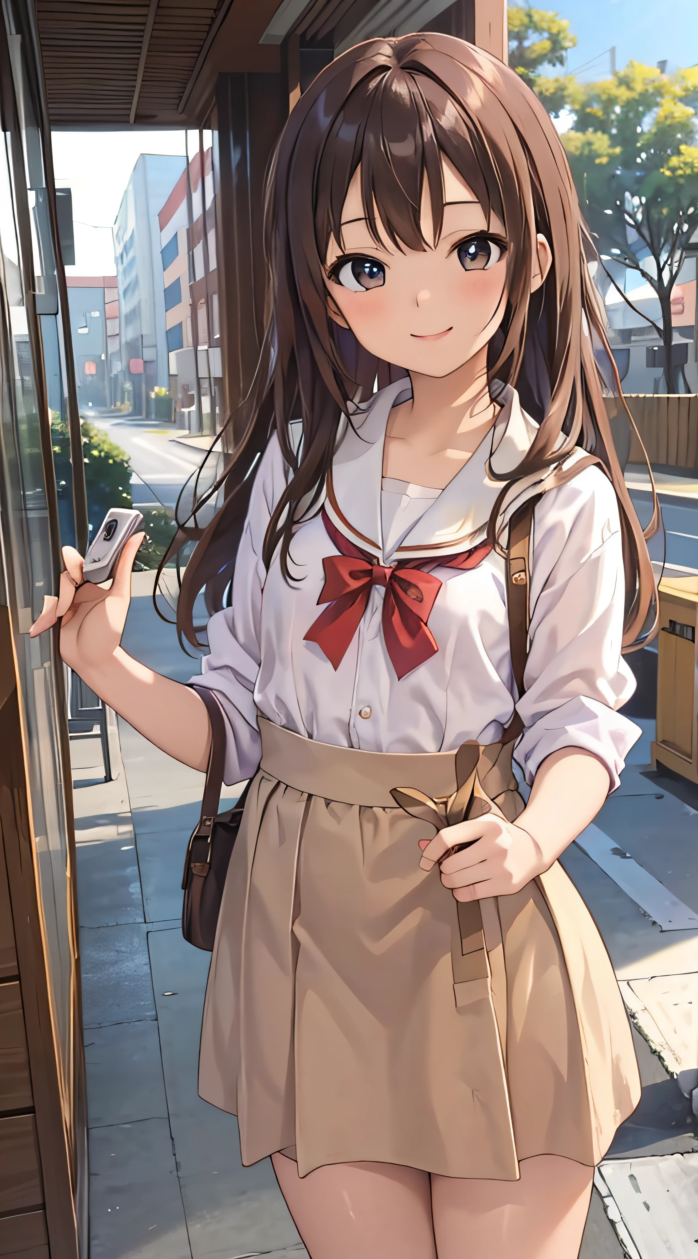 18year old、a smile、brown haired、beautidful eyes、real looking skin、hi-school girl、Bright illustration、small tits、(8K、​masterpiece)、(reallistic、Photorealsitic)、top-quality、ighly detailed、The ultra-detailliert、Beautie、cute little、japanes、Idol