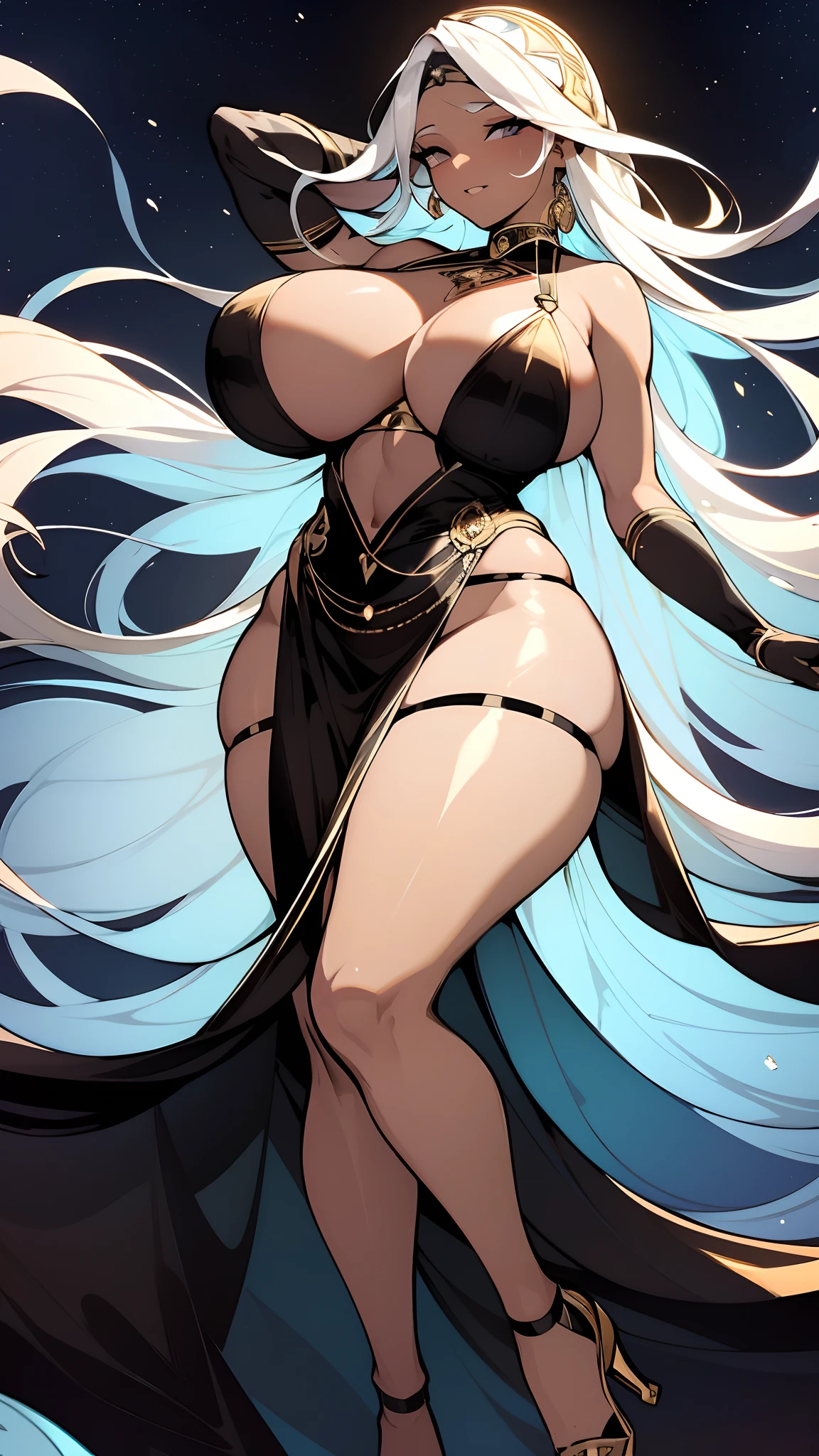 (dark brown skin:1.3), extreme tanned skin, miling character representing the goddess of the day, adorned in long, light dresses, and radiating a divine light; on the other side, depict the goddess of the night, exuding a calm and reassuring presence, dressed elegantly in shades of black and light and dark blue, with an aura of nighttime colors that affirm her divinity. One symbolizes the sun, while the other embodies the moon. The background should be tailored to these divine beings, with the goddess of the day h.aving blonde hair, and the goddess of the night having black hair with pink streaks, full body image centered around the buxom young miller's exceptionally attractive with big breast and reavling exposed cleavage with wide hips and narrow waist and exuding an alluring and voluptuous physique that radiates warmth and sensuality, gisele bundchen, cheerfull and happy expression on her face, hyper-realistic photography portrait, beautiful lips,detailed large eyes, Her eyes are a striking and inviting feature, realistic body details scar and fracture, extreme abnormally huge boobs, erotic fantasy, tranquil flower princess with soft hair dancing in the wind and intricately braided. Her sweet face has puffy, kissable lips and stunning, highly realistic eyes, hires eyes, 8k eyes, beautiful detail eyes, realistically shaded eyes, dazzling big eyes and realistic eyes in vibrant colors. She is wearing delicately detailed colourful fabric of gossamer silk and satin, midst of the most beautiful meadow in the world and is surrounded by beautiful flowers of varying sizes and colors, with delicate flowers dancing in the wind and creating a dynamic and compelling image