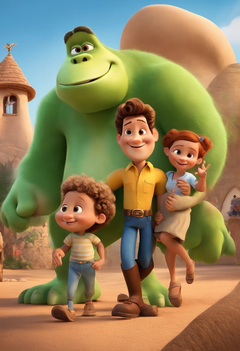 Eu gostaria de um poster man de filme 3D da Disney Pixar, Branco, 35 anos, com barba baixa e barba, cabelo de corte baixo, olhos pequenos, sorridente, com nariz achatado, com camisa branca sem gravata, brasileiro, humilde, cor marrom , tirar uma selfie. This man is close to a family, 2 children, Father and mother, and one of the children must have a credit card. Everyone is happy and smiling. Contra o pano de fundo da cidade do Brasil com casas ao fundo, natural lighting, Um dia limpo e ensolarado, with a happy population.