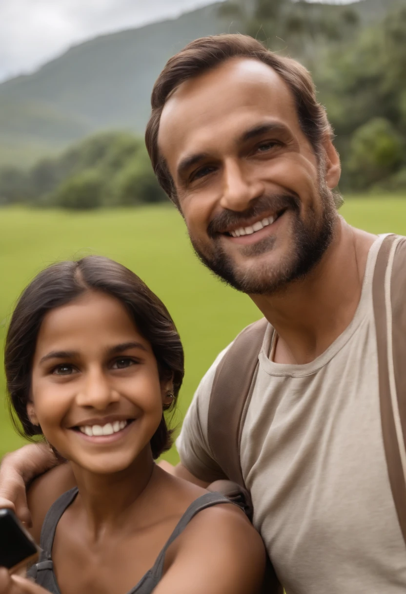 Eu gostaria de um poster man de filme 3D da Disney Pixar, Branco, 35 anos, com barba baixa e barba, cabelo de corte baixo, olhos pequenos, sorridente, com nariz achatado, com camisa branca sem gravata, brasileiro, humilde, cor marrom , tirar uma selfie. This man is close to a family, 2 children, Father and mother, and one of the children must have a credit card. Everyone is happy and smiling. Contra o pano de fundo da cidade do Brasil com casas ao fundo, natural lighting, Um dia limpo e ensolarado, with a happy population.