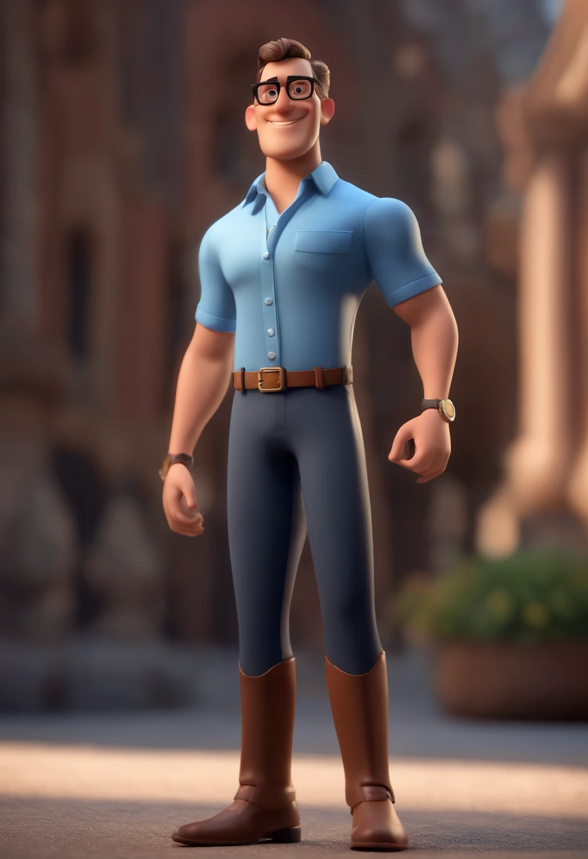 Cartoon character of a man wearing black glasses and a blue shirt, um personagem animado, Caractere estilizado, animation style rendering, 3D estilizado, Arnold Maya render, 3 d render stylized, toon render keyshot, Personagem 3D, Personagem 3D, 3d rendering stylized, 3 d character render, personagem de desenho animado, Personagem de close up, Pose de personagem, (Estilo Pixar) (master part:1.2) (Bokeh) (best quality) (pele detalhada) (textura detalhada) (8k) (argila) (Cinematic lighting) (foco nítido，Senta e vaza a parte superior do corpo