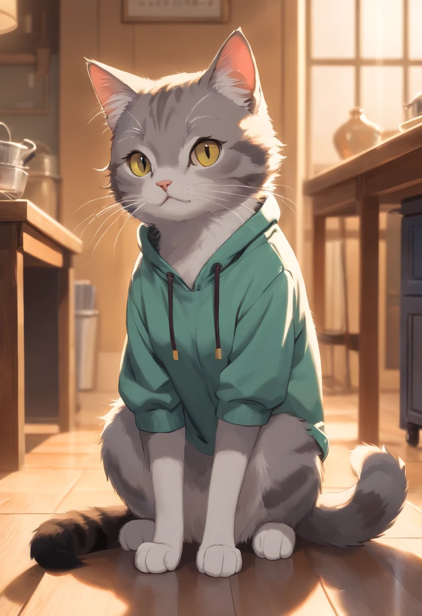 "Generate ultra-high definition images of chic cats, Gray cat in sweatshirt. Use advanced macro photography techniques、Highlights the intricate details of the cat's coat, mustache, And expressive eyes. Place the camera at the level of the peephole, Create an intimate connection between the audience and the cat subject. Large aperture，Achieves a shallow depth of field, Make the cat stand out clearly against a slightly blurred background. Improve lighting to emphasize the texture and contours of the cat's body, In software, Remove coarse shadows、, cosy atmosphere. （Wearing a costume:1.2),Splashing, Scratching a cat in a relaxed position, But balanced, Show flexibility and elegance. Try to capture the moment of natural movement, Stretching, Pubic hair beauty, etc., Convey realism. Implement post-processing techniques to improve image clarity, Contrasty, and color balance, Protect every aspect, From the intricate patterns of cats to their intense gazes, Rendered in stunning detail. Finally, convey the gentle beauty and innate grace of cats,,, Capture fleeting moments，Celebrating the uniqueness of cat curiosity and balance."