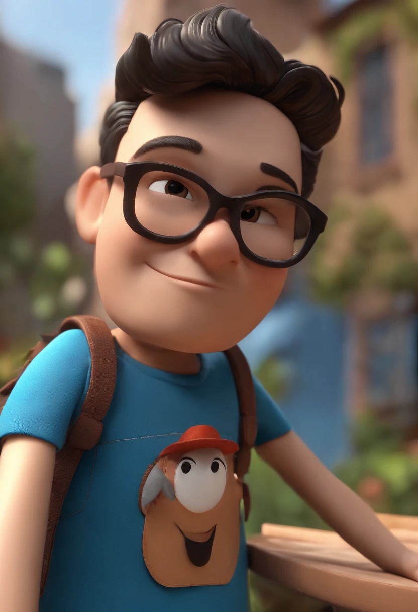 Cartoon character of a man wearing black glasses and a blue shirt, um personagem animado, Caractere estilizado, animation style rendering, 3D estilizado, Arnold Maya render, 3 d render stylized, toon render keyshot, Personagem 3D, Personagem 3D, 3d rendering stylized, 3 d character render, personagem de desenho animado, Personagem de close up, Pose de personagem, (Estilo Pixar) (master part:1.2) (Bokeh) (best quality) (pele detalhada) (textura detalhada) (8k) (argila) (Cinematic lighting) (foco nítido，Senta e vaza a parte superior do corpo