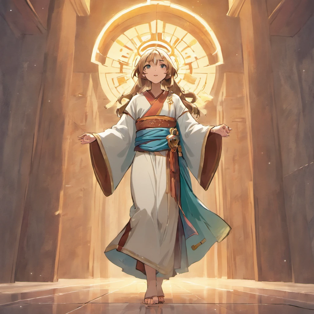 "Obra de arte digital representando Jesus passeando pelo deserto, adorned in sandals, e exalando um sorriso suave."