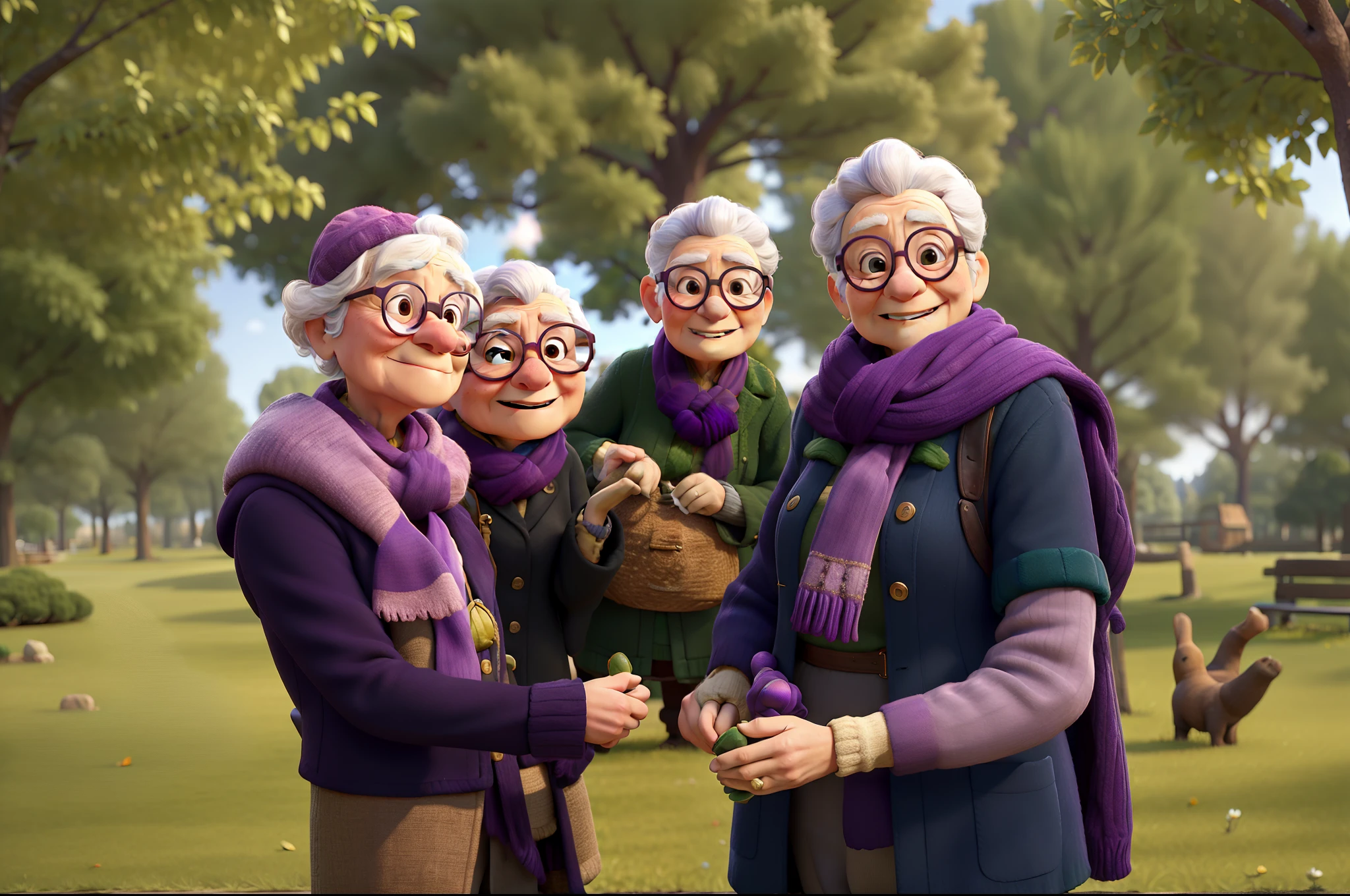 masterpiece, best quality, an old woman with glasses and a scarf on, wearing a purple coat and green scarf, standing at the park