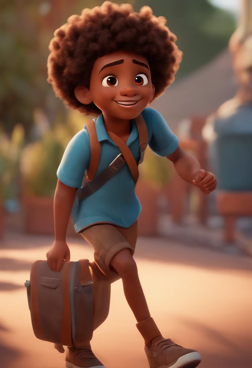 Image of a boy for a story in a YouTube video in Pixar format, He's the little allabester, He's the class leader, He's outgoing, Playful and defends a lot of brown-skinned stuff, cabelo preto cabelo liso
