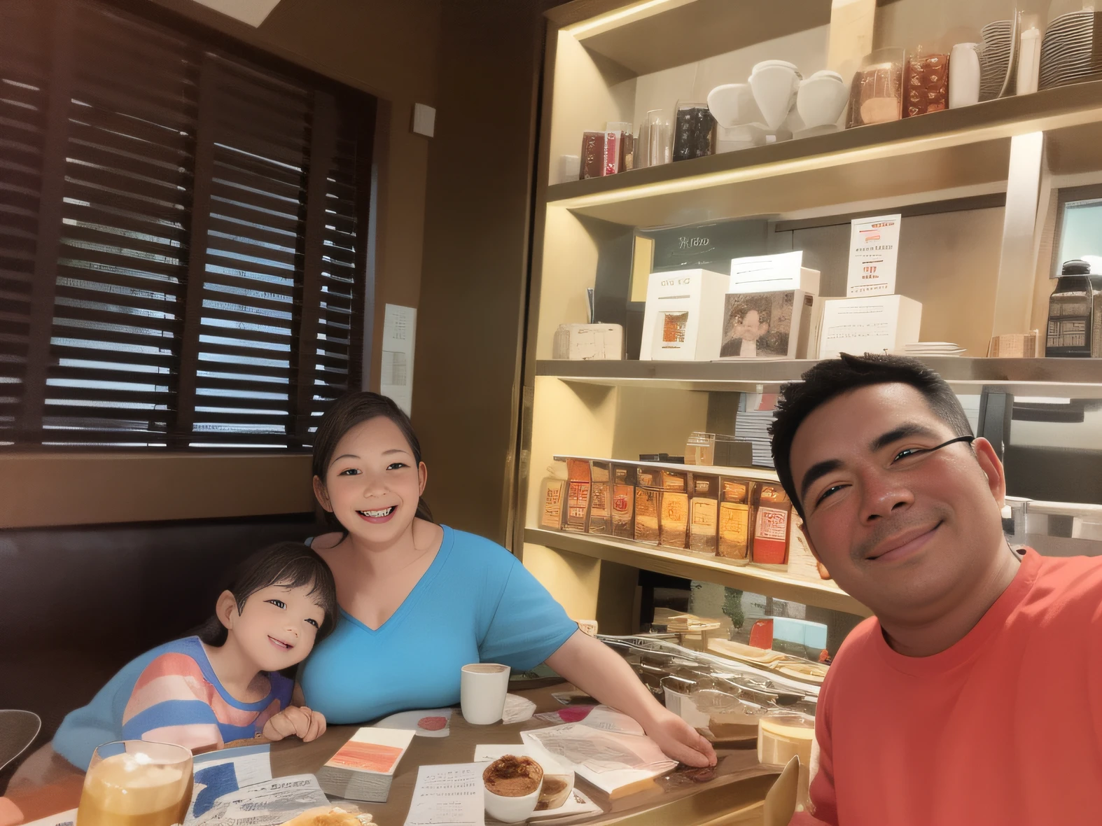 there are two people sitting at a table with food and drinks, sentado em uma mesa cor de mocha, Happy family, vacation photo, grandioso!, divertindo-se, atmosfera calorosa e alegre, in the 4 0th millennium, celebration of coffee products, family dinner, Family photo, momma and papa, trending ,, enjoying coffee at a coffee shop, foto modo retrato