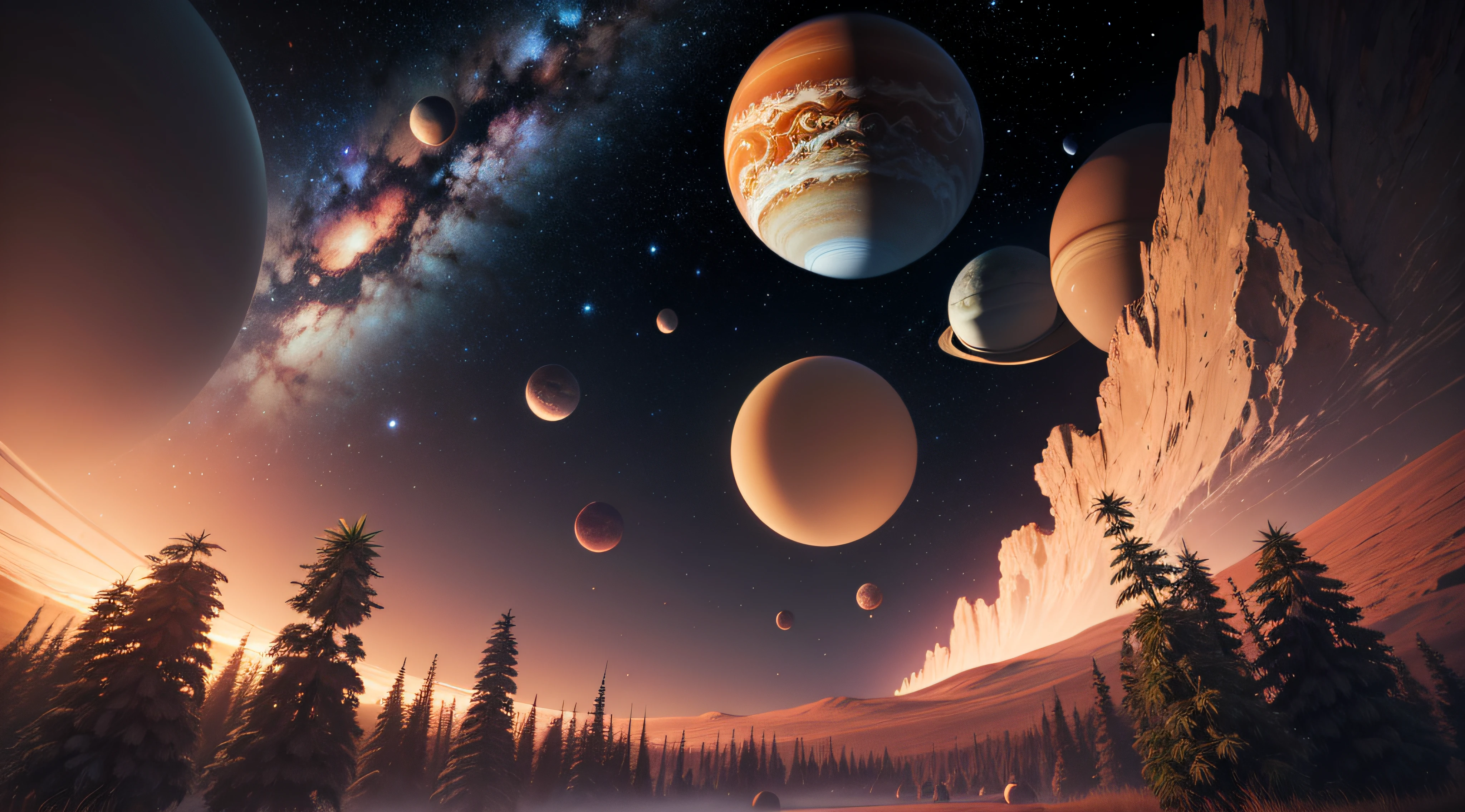 A cosmic exploration of the universe, with a cannabis plants everywhere, view of planets, Starcloud, moons, and cosmic phenomena, Rendered in 8K resolution, v ray