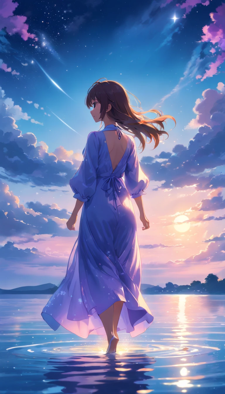(Full body posing:1.5), (Colorful:1.2), (Highly detailed CG Unity 16k wallpaper:1.1), (Denoising strength: 1.45), (tmasterpiece:1.37), (Wallpaper), (The best lighting, Best Shadow), (Best Illustration), Dynamic Angle, (+++girl with+++) Walking in front of the delicate and beautiful moon and blue sky, Solo, (Backlight), mid-shot, (the beautiful and delicate girl:1.3), beautiful bare back, (Detailed face:1.2), (Long floating hair:1.2), (Beautiful long dresses:1.2), floating dress, The Girl (Walking) On the surface of the water, Beautiful and delicate purple light water surface, reflective water surface, With saturated blue clouds (starrysky) In the background, cold color, From Side, god rays, spark of light, Glowing light, (masutepiece), (Best Quality), nffsw, awardwinning