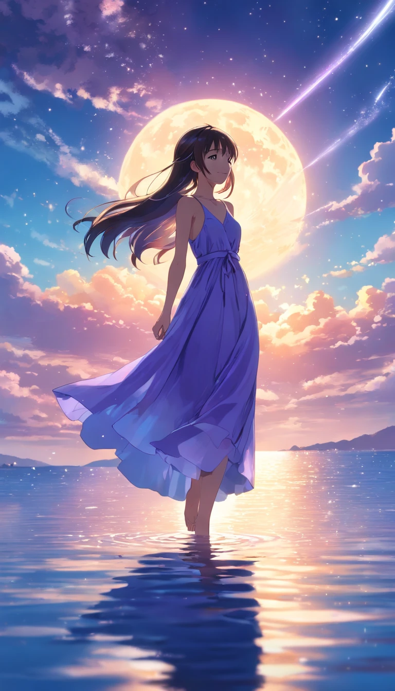 (Full body posing:1.5), (Colorful:1.2), (Highly detailed CG Unity 16k wallpaper:1.1), (Denoising strength: 1.45), (tmasterpiece:1.37), (Wallpaper), (The best lighting, Best Shadow), (Best Illustration), Dynamic Angle, (+++girl with+++) Walking in front of the delicate and beautiful moon and blue sky, Solo, (Backlight), mid-shot, (the beautiful and delicate girl:1.3), beautiful bare back, (Detailed face:1.2), (Long floating hair:1.2), (Beautiful long dresses:1.2), floating dress, The Girl (Walking) On the surface of the water, Beautiful and delicate purple light water surface, reflective water surface, With saturated blue clouds (starrysky) In the background, cold color, From Side, god rays, spark of light, Glowing light, (masutepiece), (Best Quality), nffsw, awardwinning