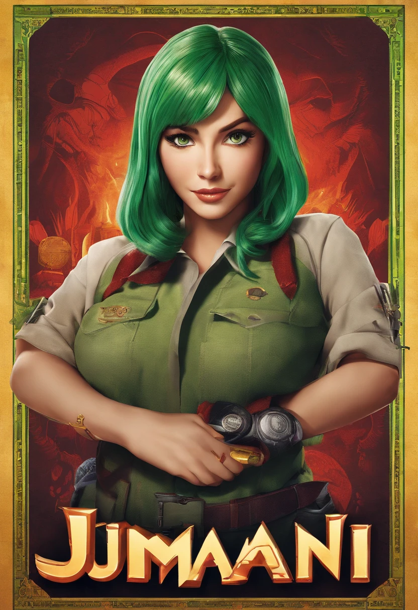 Adverisement for Jumanji with 2 dice, and green background and an anime girl green hair and red eyes
