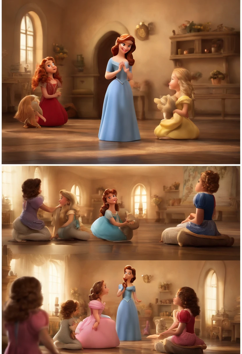 Three sisters hugging each other, uma mais velha, uma mais nova e a do meio, They Smiling Animation Character, Caractere estilizado, animation style rendering, 3D estilizado, Arnold Maya render, 3 d render stylized, toon render keyshot, Personagem 3D, Personagem 3D, 3d rendering stylized, 3 d character render, personagem de desenho animado, Personagem de close up, Pose de personagem, (Estilo Pixar) (master part:1.2) (Bokeh) (melhor qualidade) (pele detalhada) (textura detalhada) (8k) (argila) (Cinematic lighting) (foco nítido
