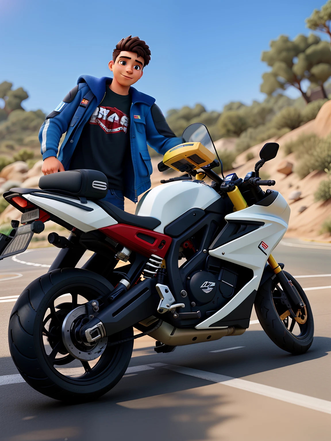 Garoto em uma moto com o capacete em cima do tanque e a blusa escrito 299