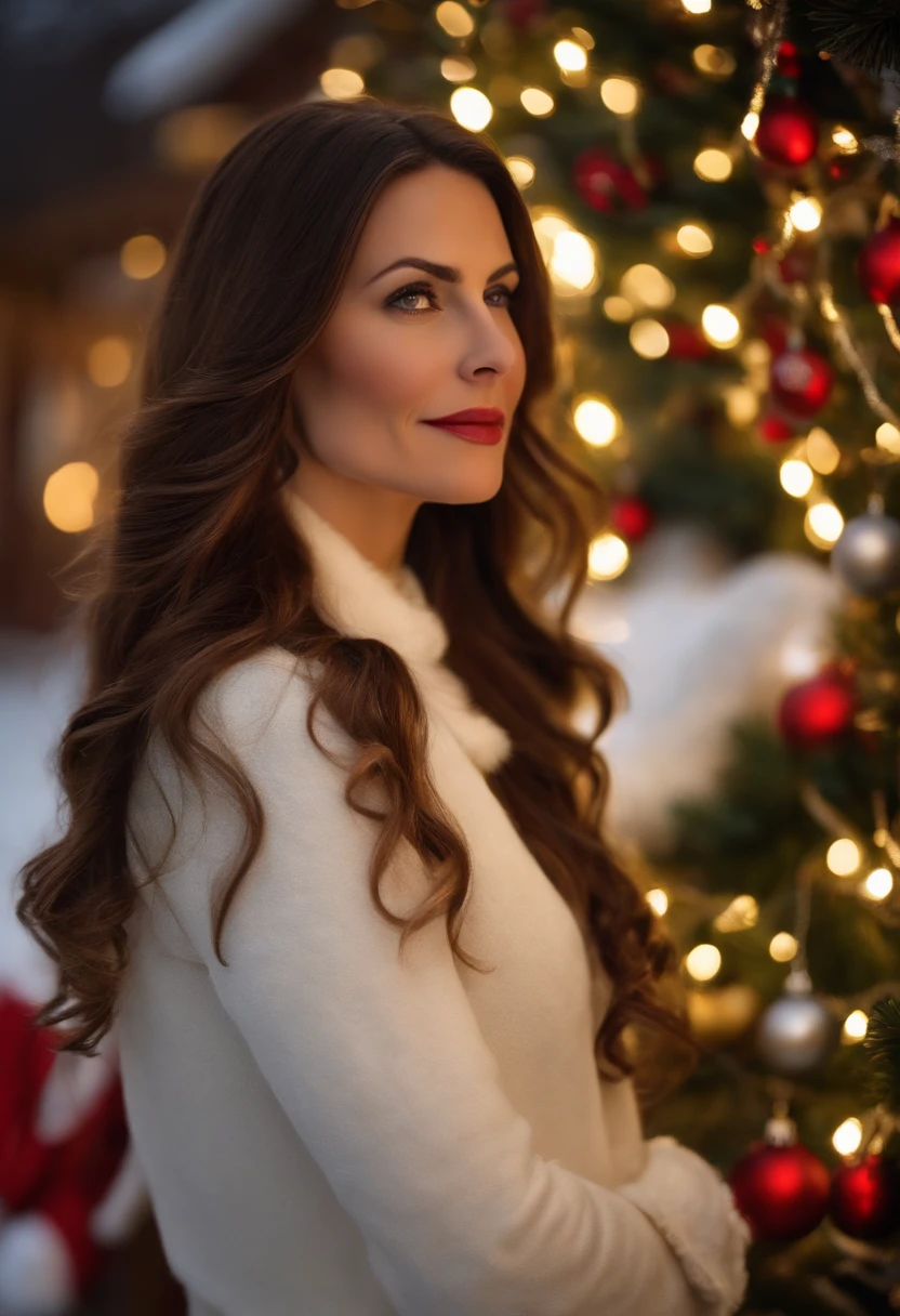 She is a 40-year-old white woman with long, straight brown hair and honey-colored eyes. She must wear a white shirt, small gold earrings and a gold necklace. she is in a christmas village, with tree, santa claus, snowman, garlands,