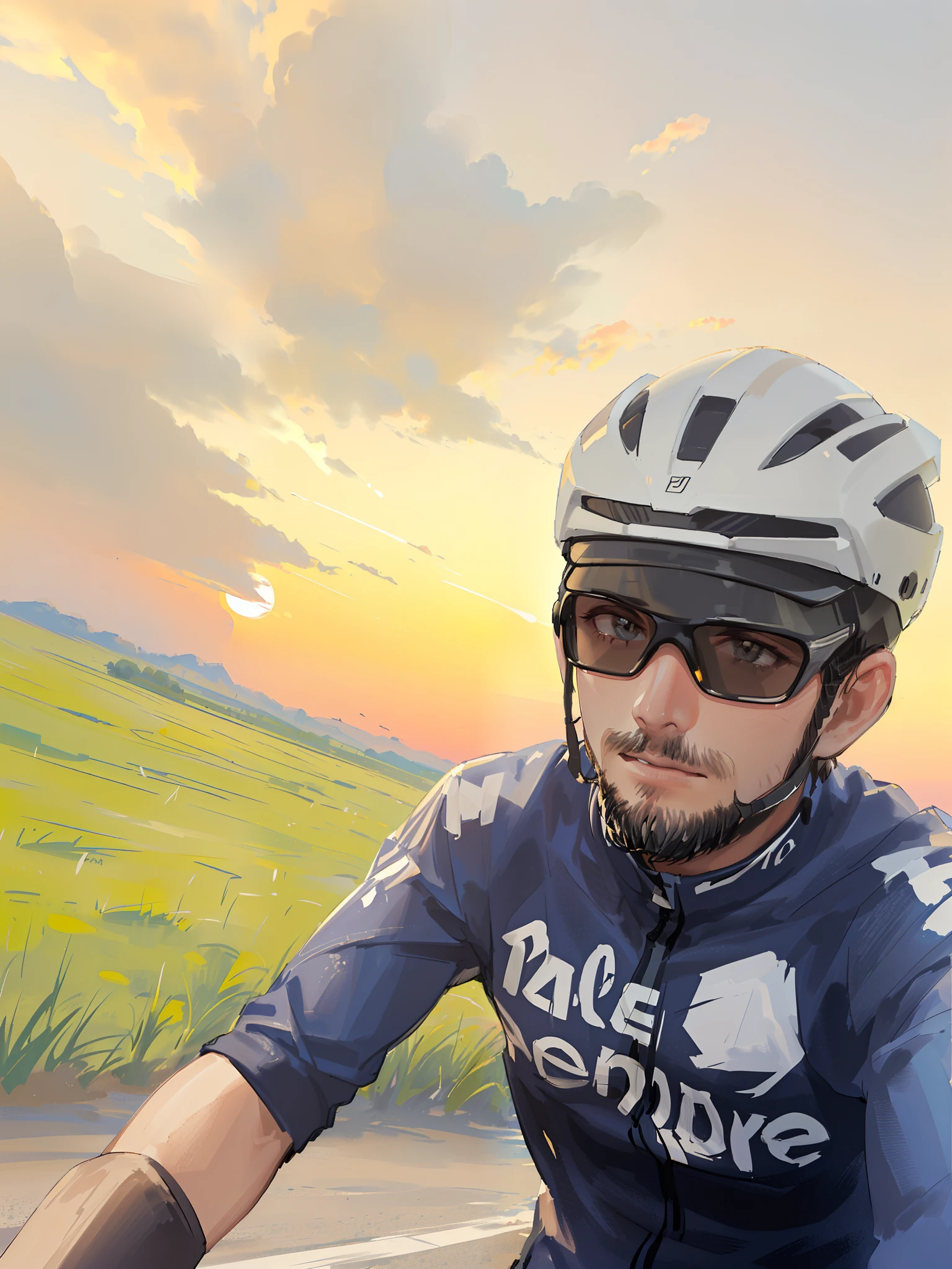 Homem de Arafed andando de bicicleta em uma estrada com um capacete ligado, during sunset, with sunset, ciclismo!!, during a sunset, in the sunset, Durante a Hora Dourada, at a beautiful sunset, sunset in the background, in the sunset, Tiro no iPhone 1 3 Pro Max, sem capacete, Sunset!, with a sunset, tirado no iphone 1 3 pro