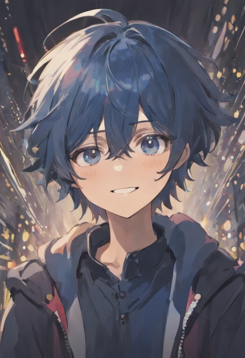 Black hair,Eyes are light blue,Beautiful Boys,twinks,and gray hair,Semi-long,a smile,