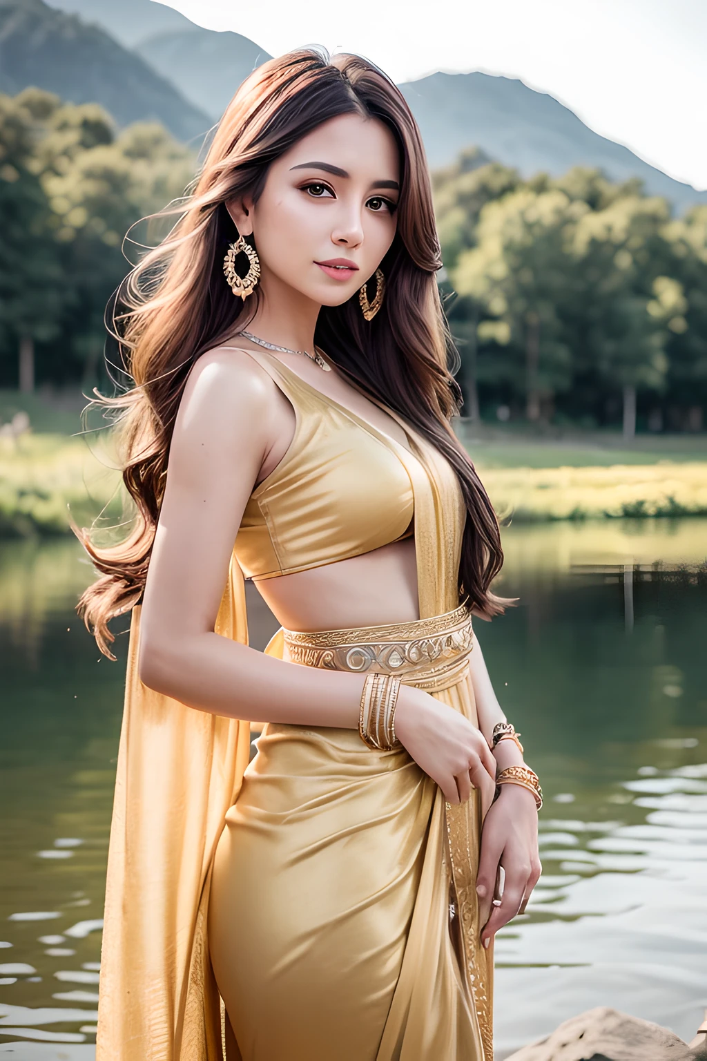 waist length photo, 1gril, beautiful, attractive, hot and mature, gorgeous, earrings, long hair, hands at the chin, 8k, UHD, in front of lake background, natural light, golden hour, appealing texture, intricately detailed