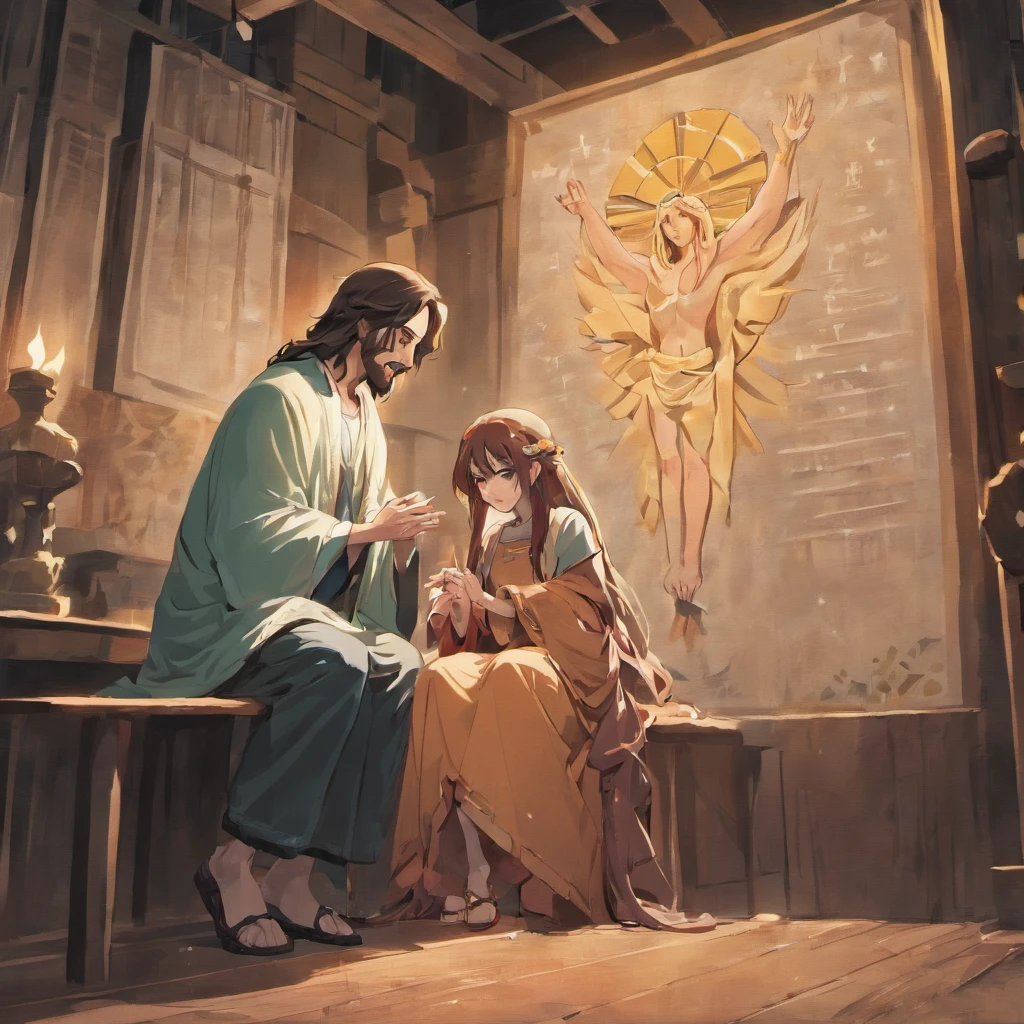 "Jesus crouched writing on John while a woman facing him smiling."