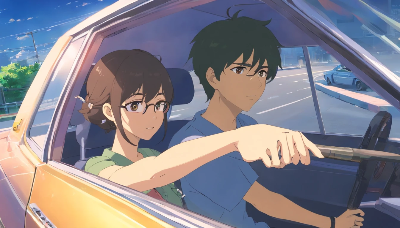 A husband and wife are driving
