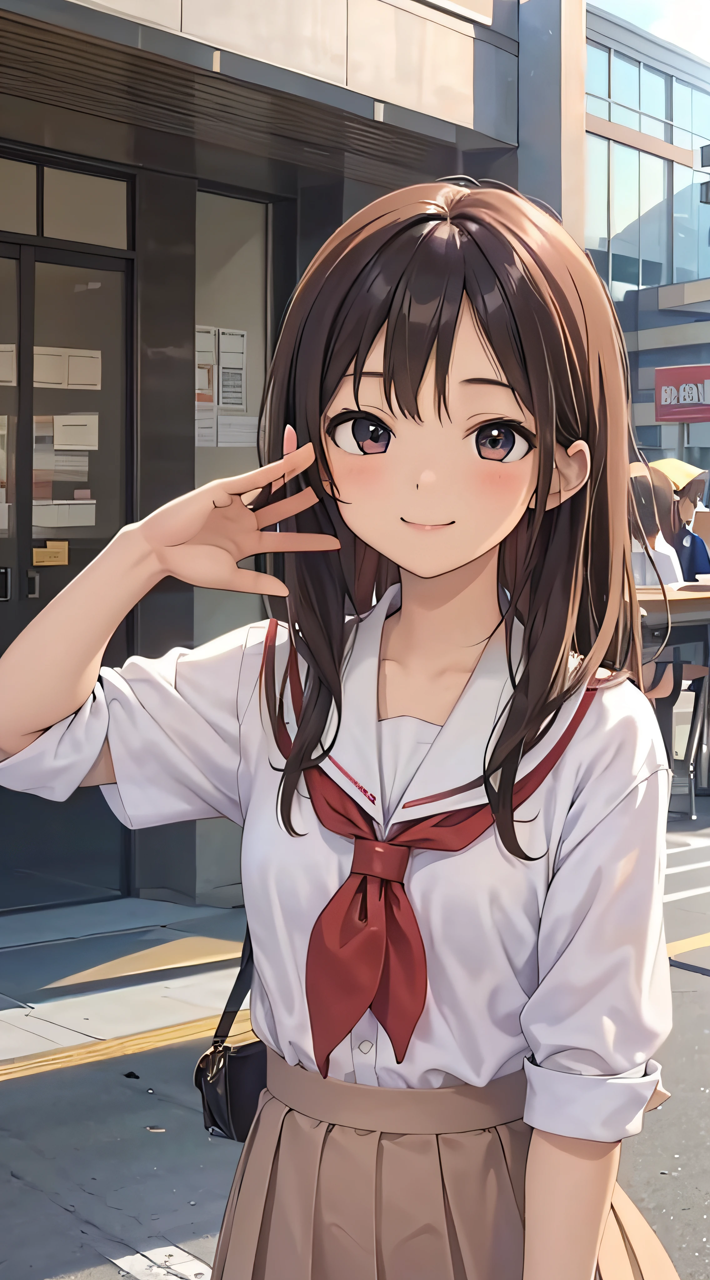 15yo student、a smile、brown haired、beautidful eyes、real looking skin、hi-school girl、Bright illustration、small tits、(8K、​masterpiece)、(reallistic、Photorealsitic)、top-quality、ighly detailed、The ultra-detailliert、Beautie、cute little、japanes、Idol