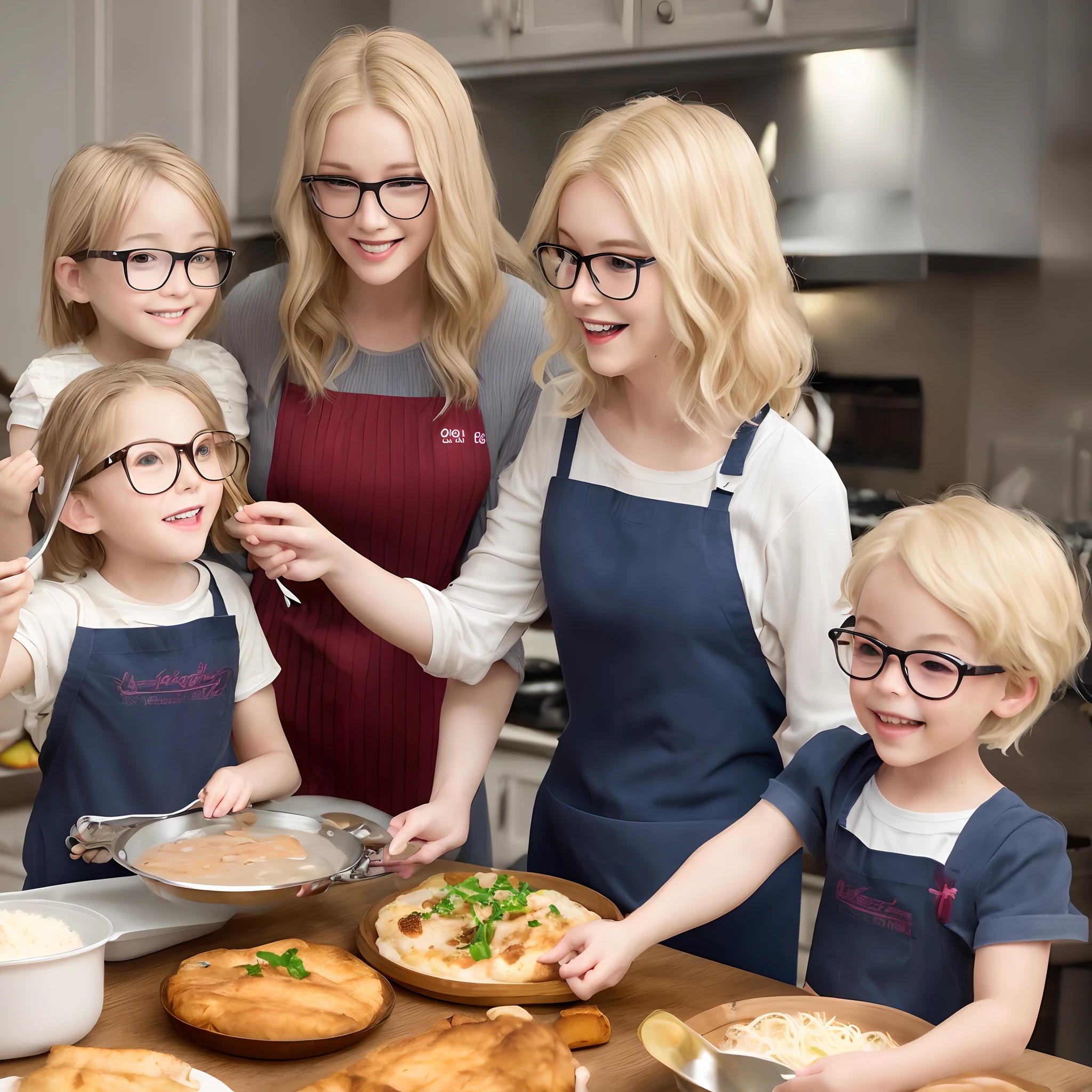 Create a pixar style image of a blonde white woman with medium hair, brown eyes, wearing light glasses, making food with children around