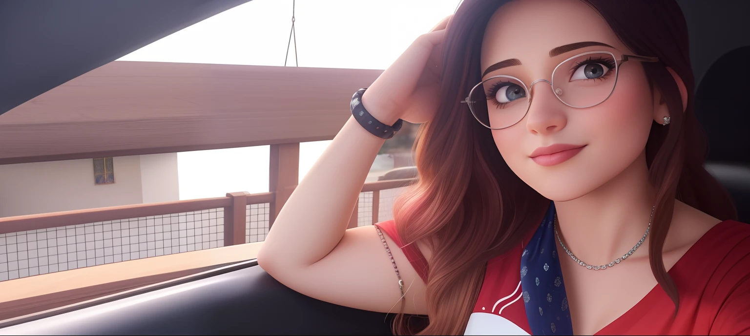 Uma mulher de 25 anos, com cabelos longos na cor caramelo, face de diamante, olhar discreto, e olhos castanhos, vestindo camisa branca branca com estampa da Disney.