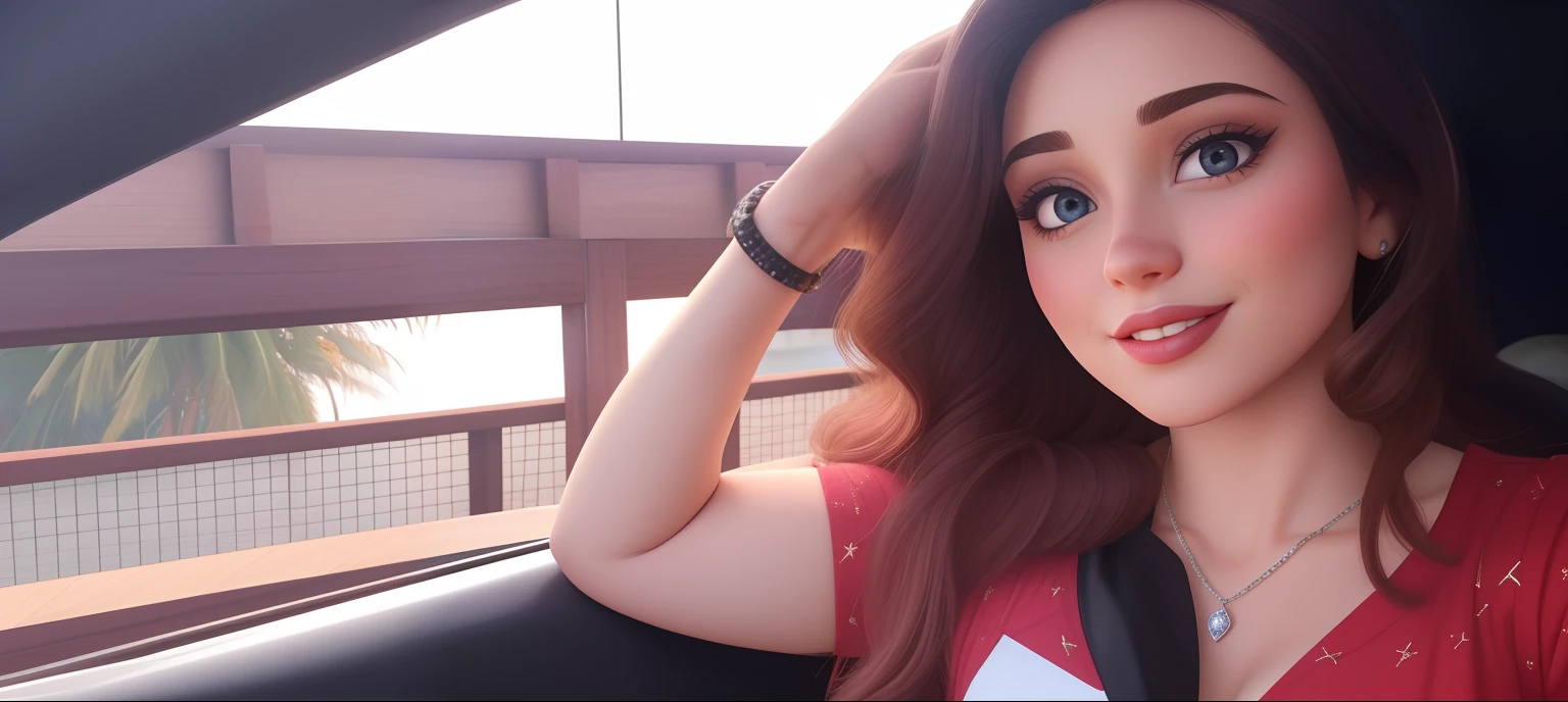 Uma mulher de 25 anos, com cabelos longos na cor caramelo, face de diamante, olhar discreto, e olhos castanhos, vestindo camisa branca branca com estampa da Disney.