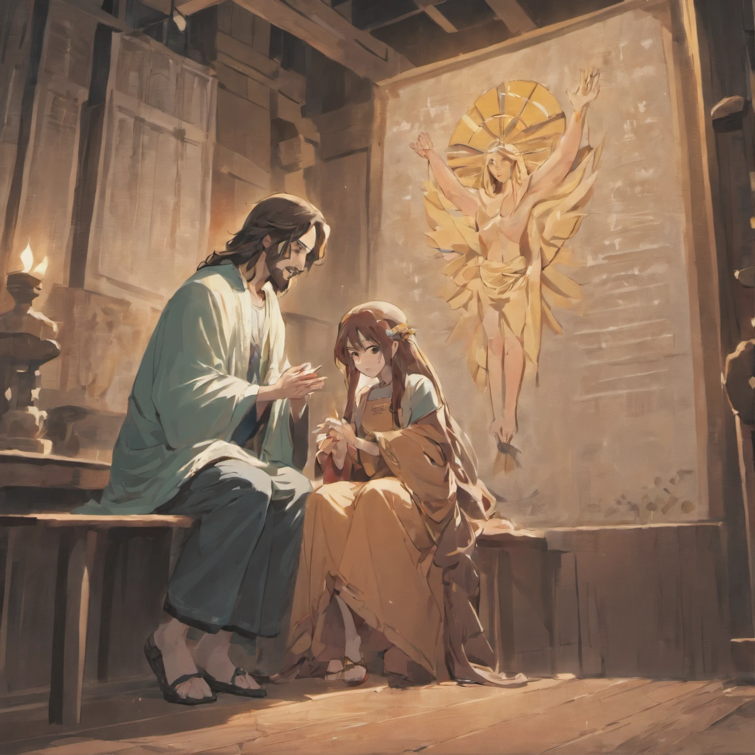 "Jesus crouched writing on John while a woman facing him smiling."