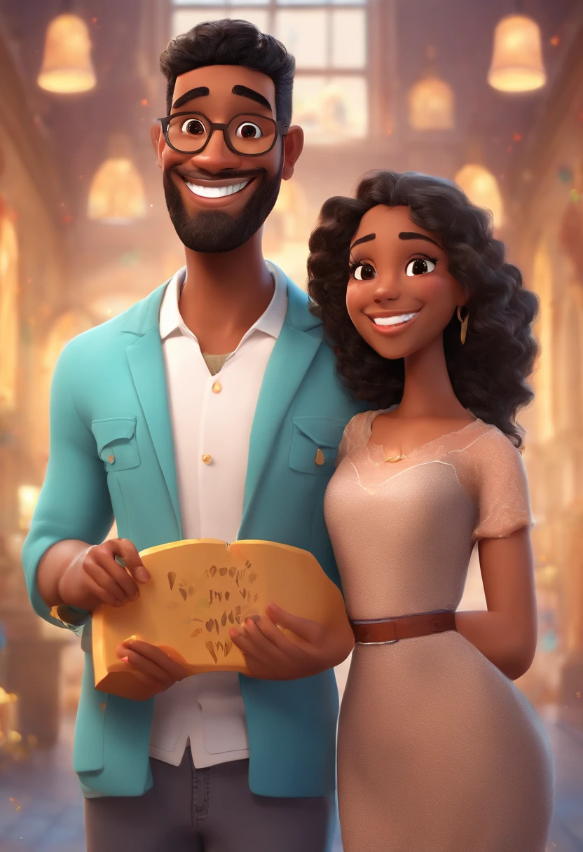 An illustration of an adorable couple, Spotlight on a smiling glasses-clad mixed-race man, cabelos preto estiloso e curto arrepiado e uma mulher morena clara com lindos olhos expressivos, uma garotinha de olhos expressivos, cabelos lisos preto, com um sorriso de aparelhos no dente, Holding his ukulele- the man's skin is mulatto and the man's hair is black, the woman's skin is light brown and the woman's hair is straight and brown. They are a bright room, cada um com um sorriso no rosto, e compartilhar um momento especial caracterizado pelo amor, Insights. Illustrate this scene from a perspective where they are facing the camera, Smiling and Showing Your Connection. Desenvolva esta arte em Full HD, Focus on your cinematic touch, Estilo Disney Pixar Animations
