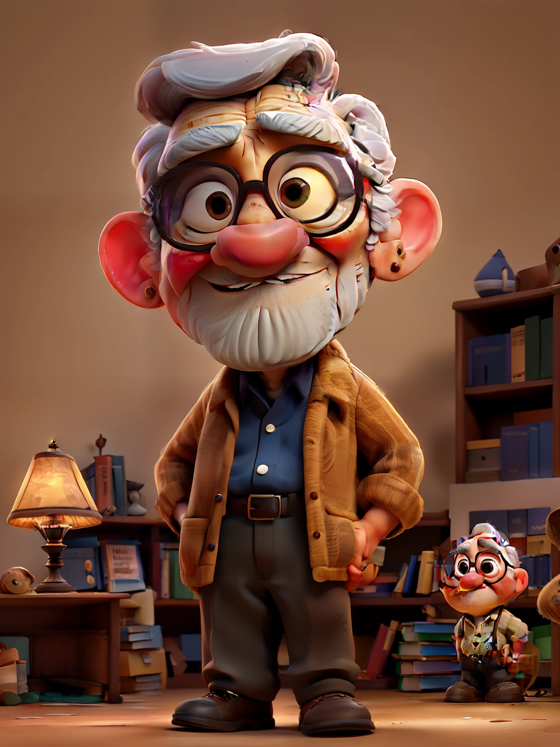A wise old man standing in front, illuminated by the light of a lamp, against the backdrop of a library
