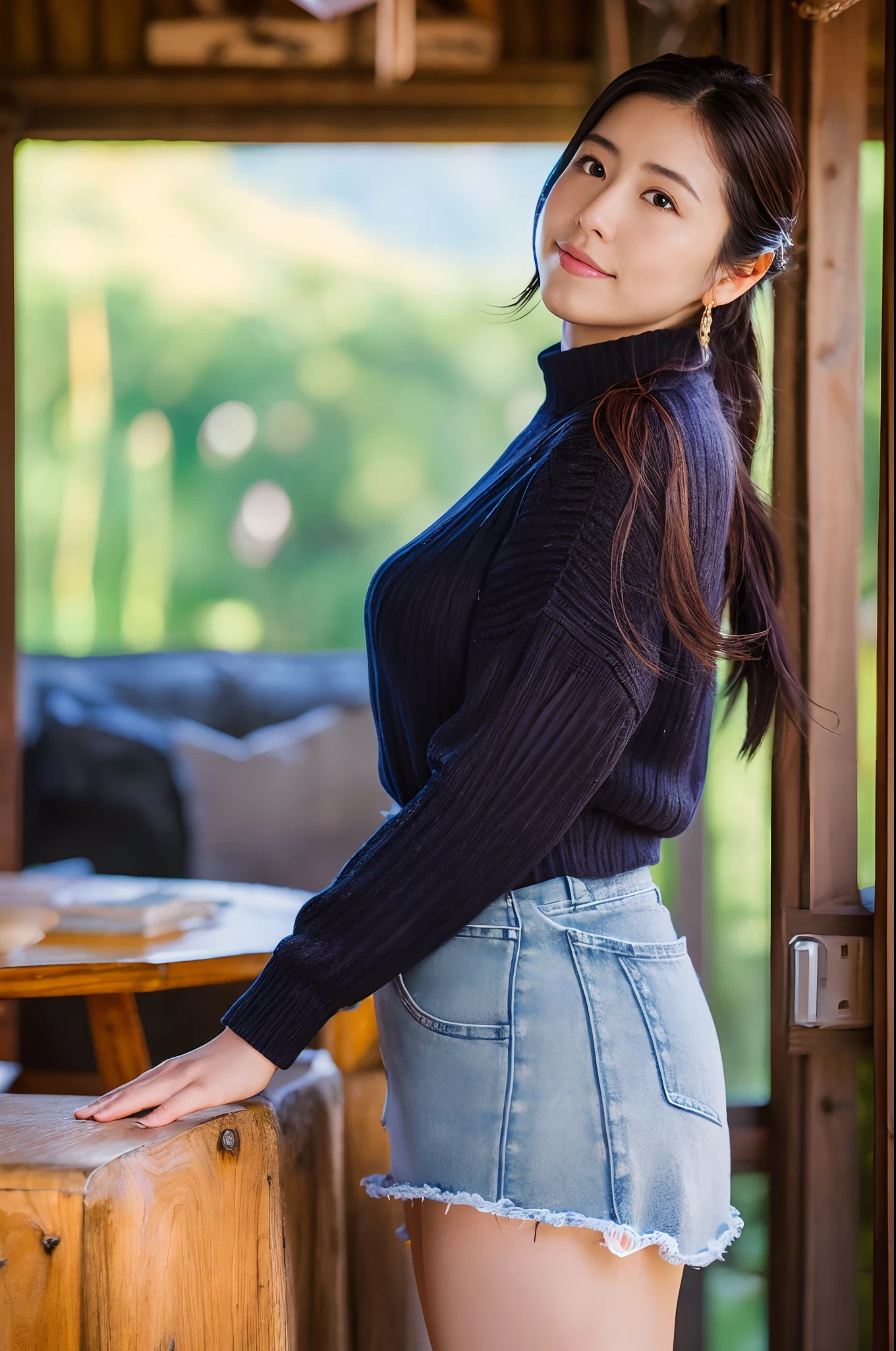 (Best Quality,8K,nffsw:1.2),cowboy shot,(Cute Japan girl with curvaceous beauty)、Long hair, Bangs, french braids, The thinnest waist, Fit chest, Curvy fashion, Sparkling eyes, long eyelashes, (thick thighs:1.4), Strong calves, Shy look, Wearing a white sweater, Leather Belt, Black jeans、jean skirt, Veranda of a small mountain hut、winter night, Snow on background, Photorealistic, masutepiece, Bokeh, Volumetric lighting, winter atmosphere, Shot from the side of the whole body