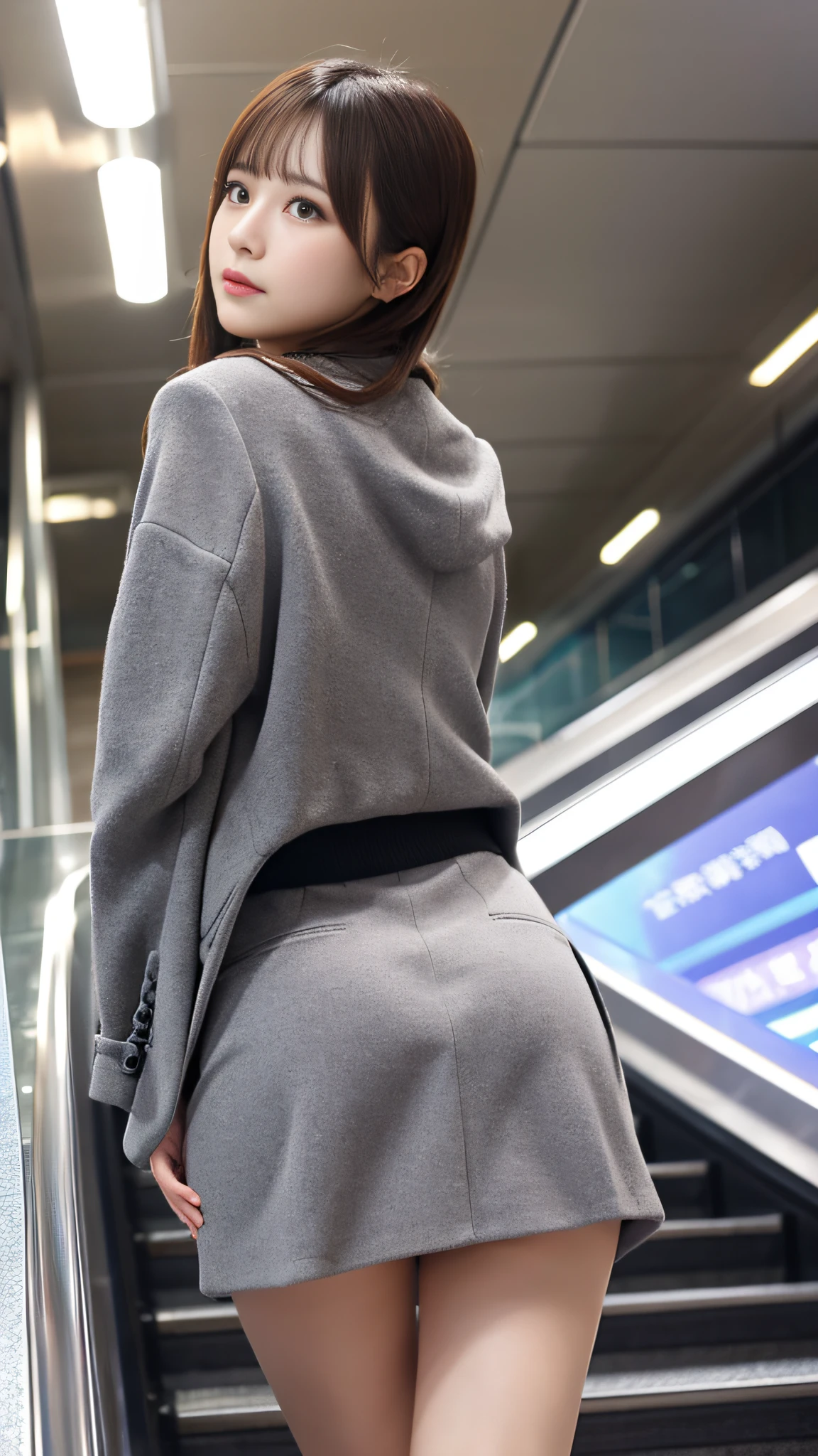 Up Escalator Skirt、short coat、bottom body close up、View from behind、Very low camera angle、Slouched、bent forward、Panchira、Buttocks