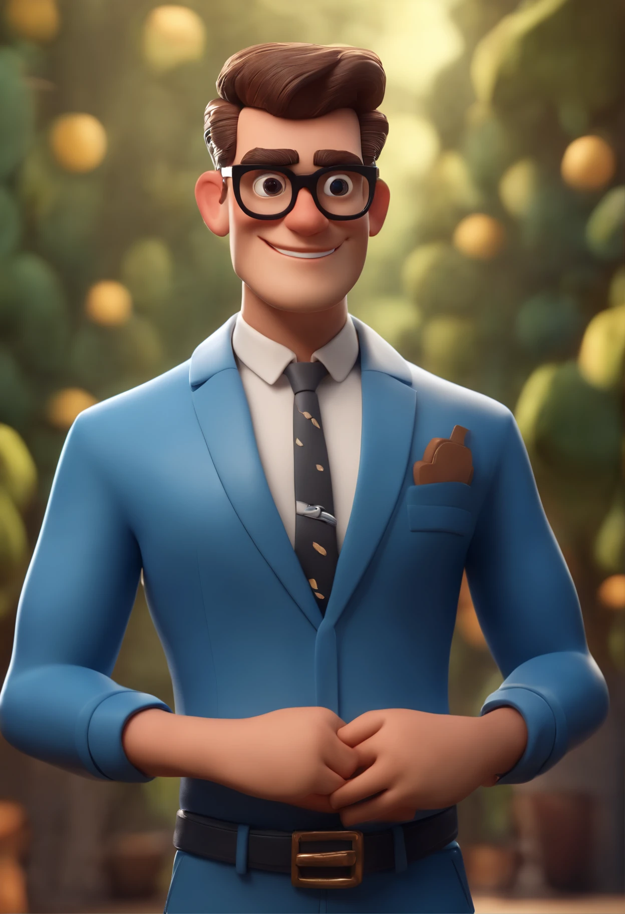 Cartoon character of a man wearing black glasses and a blue shirt, um personagem animado, Caractere estilizado, animation style rendering, 3D estilizado, Arnold Maya render, 3 d render stylized, toon render keyshot, Personagem 3D, Personagem 3D, 3d rendering stylized, 3 d character render, personagem de desenho animado, Personagem de close up, Pose de personagem, (Estilo Pixar) (master part:1.2) (Bokeh) (best quality) (pele detalhada) (textura detalhada) (8k) (argila) (Cinematic lighting) (foco nítido,Senta e vaza a parte superior do corpo
