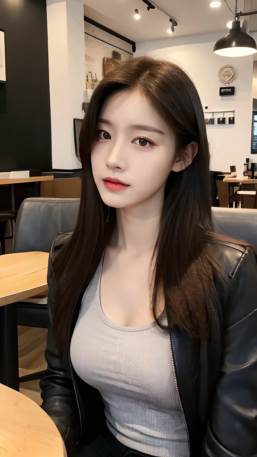 (Practical, high resolution:1.2), 1 girl, The face shape and eyes are super beautiful, Long hair, Tight black vest with black jacket, Short jeans, Sitting in a cafe chair, In the cafe, Coffee on the table, Large Breasts