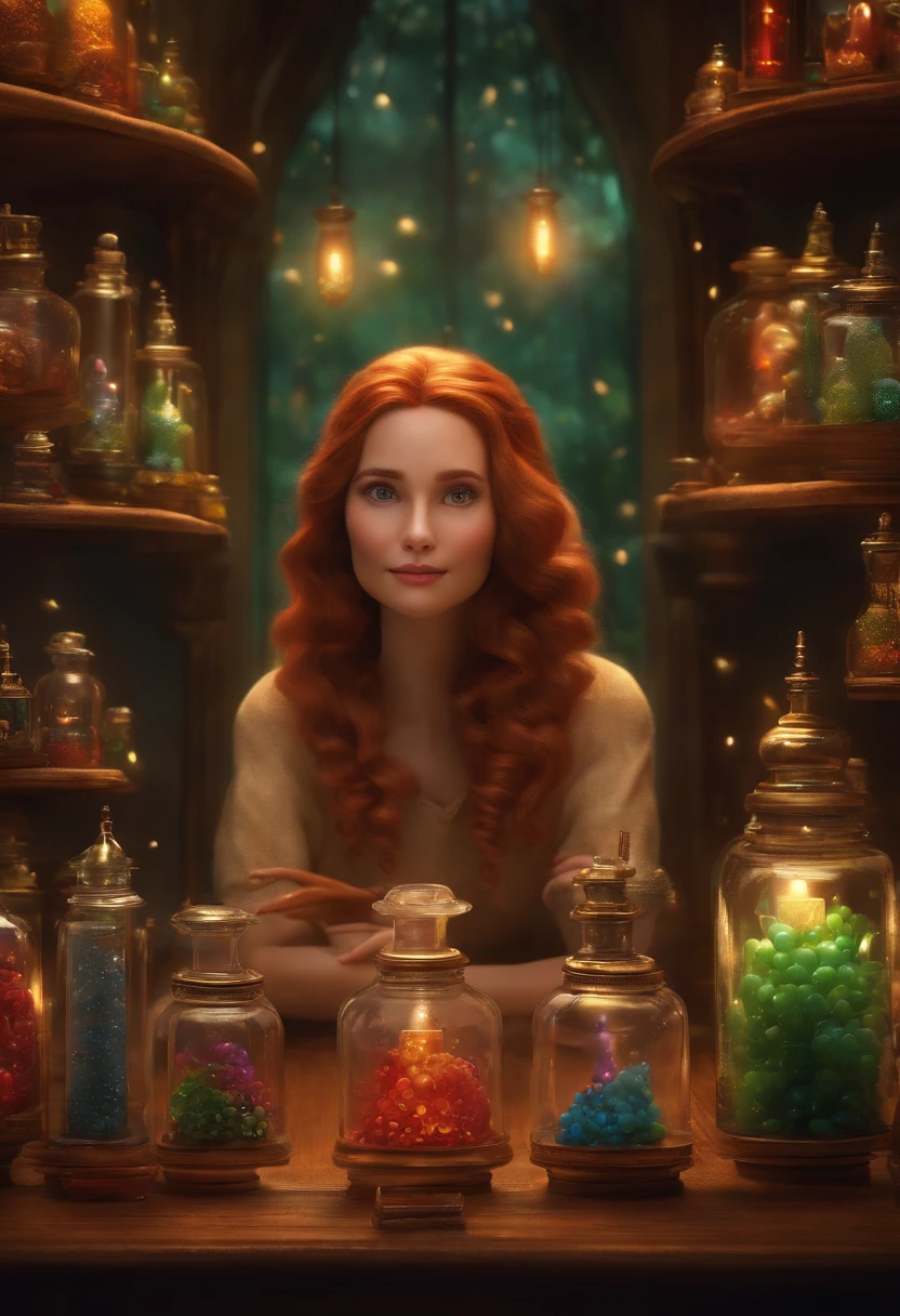 A collector of ideas inspired by Pixar animation, de perto. She is surrounded by a collection of magic vials, each containing a unique idea. The focus is on the character, with a captivating facial expression, Against a backdrop of shimmering, cores efervescentes.