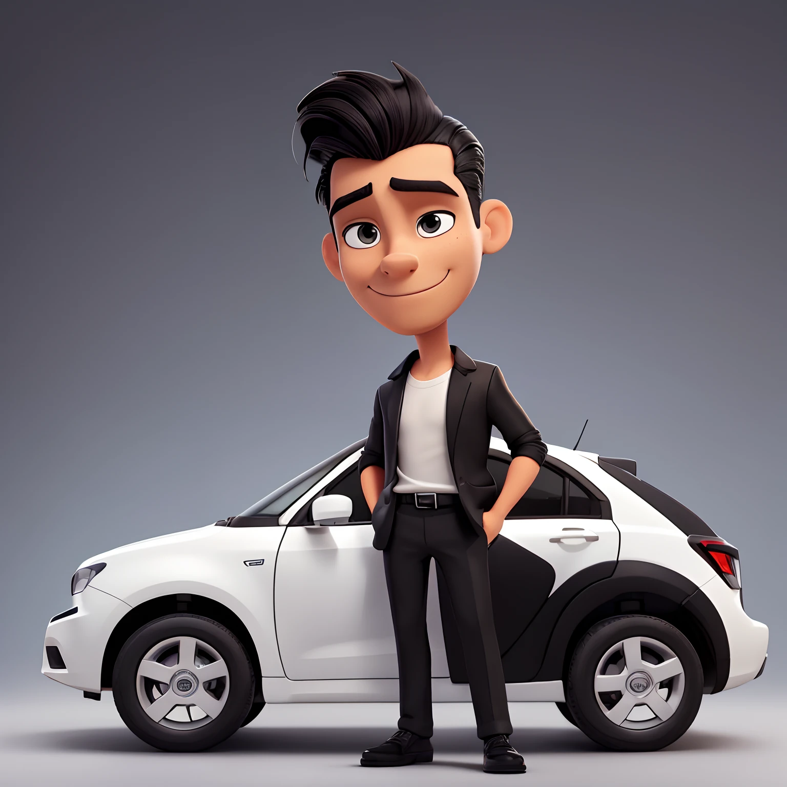 Homem alto de 1.86 tall straight black hair slicked back , brown eyes thick lips , White blazer stubble, black t-shirt, black pants, black shoe with smile, looking at photo next to a black Ford Ka sedan car