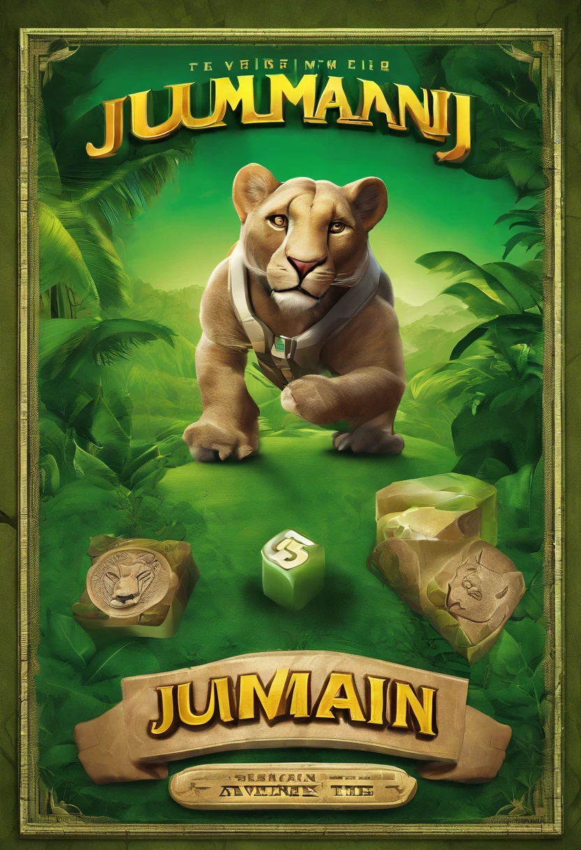 Adverisement for Jumanji board game with 2 dice, and green background with a tagline Unleash the adventure, conquer the jungle