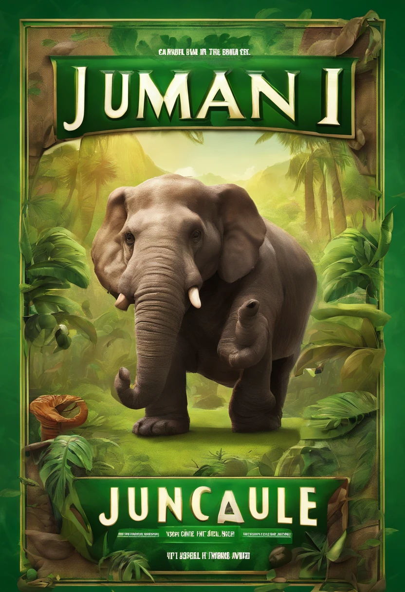 Adverisement for Jumanji board game with 2 dice, and green background with a tagline Unleash the adventure, conquer the jungle