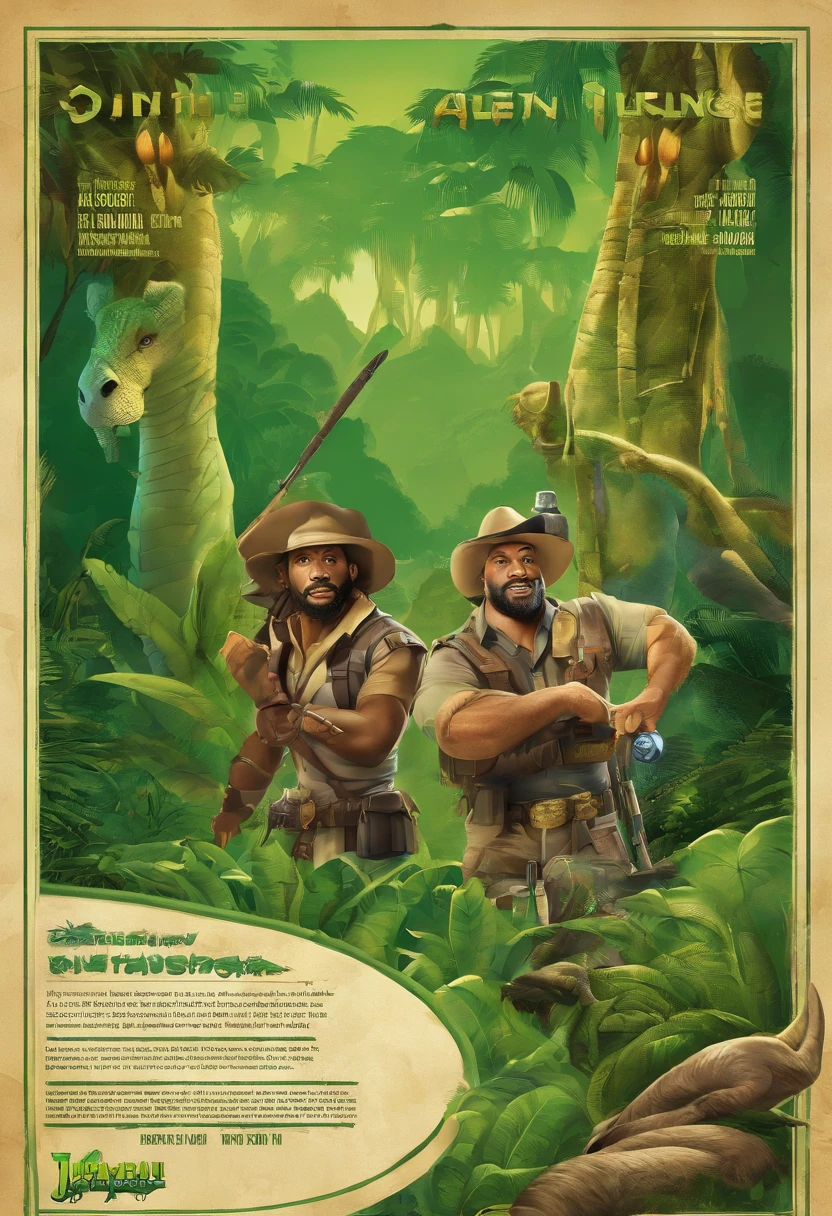 Adverisement for Jumanji board game with 2 dice, and green background with a tagline Unleash the adventure, conquer the jungle