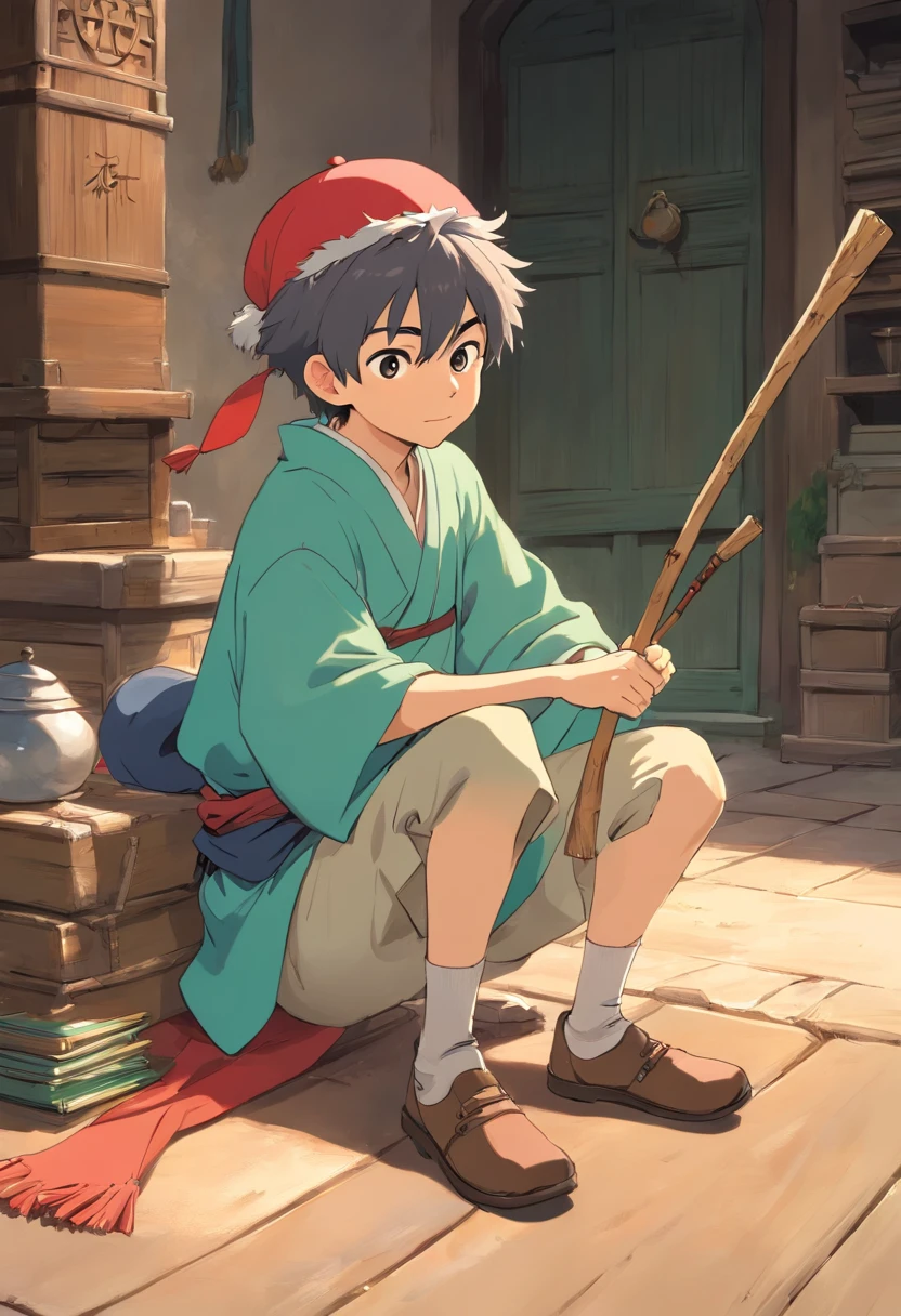 Male anime character with a stick and a hat sitting on a floor, sou um naranbaatar ganbold, sage ( valorant ), Akiyuki Shinbou, Otaku Gangasta, como um caractere dnd, 2 d estilo anime, Akira, Mitologia Chinesa, Ghibly Mononoke Style Studio, 2 d arte, Arte 2D